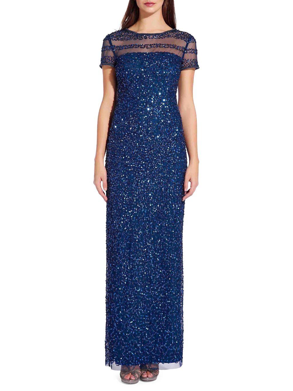Adrianna Papell Beaded Column Dress in Blue - Lyst