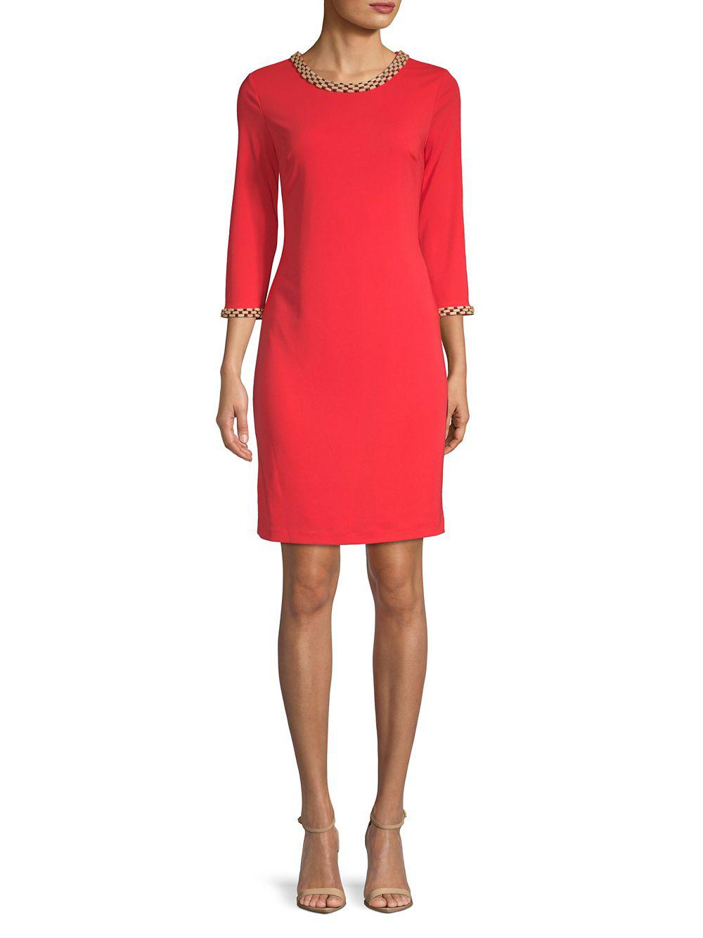 Karl Lagerfeld Wood Bead Trimmed Shift Dress in Red - Lyst