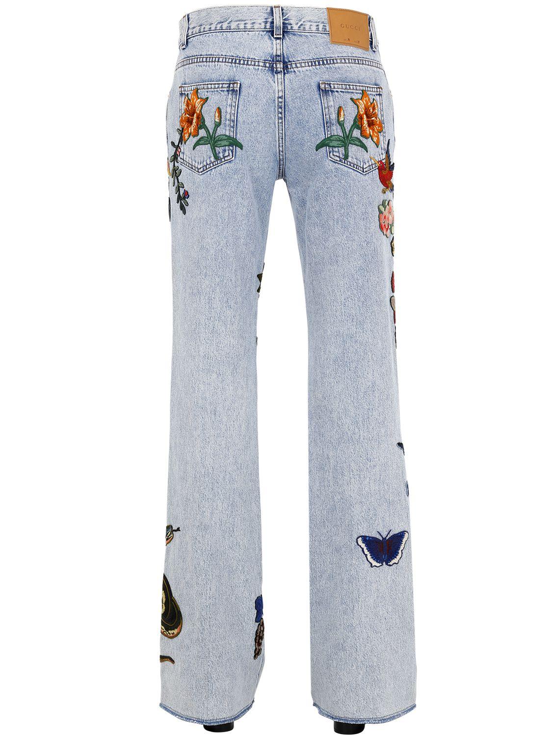 Lyst - Gucci Flared Embroidered Patches Denim Jeans in Blue