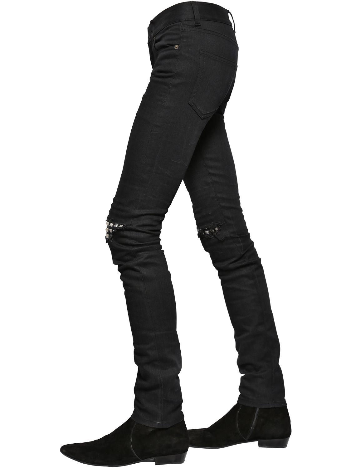 Saint Laurent 15cm Studded Leather Patch Denim Jeans in Black - Lyst