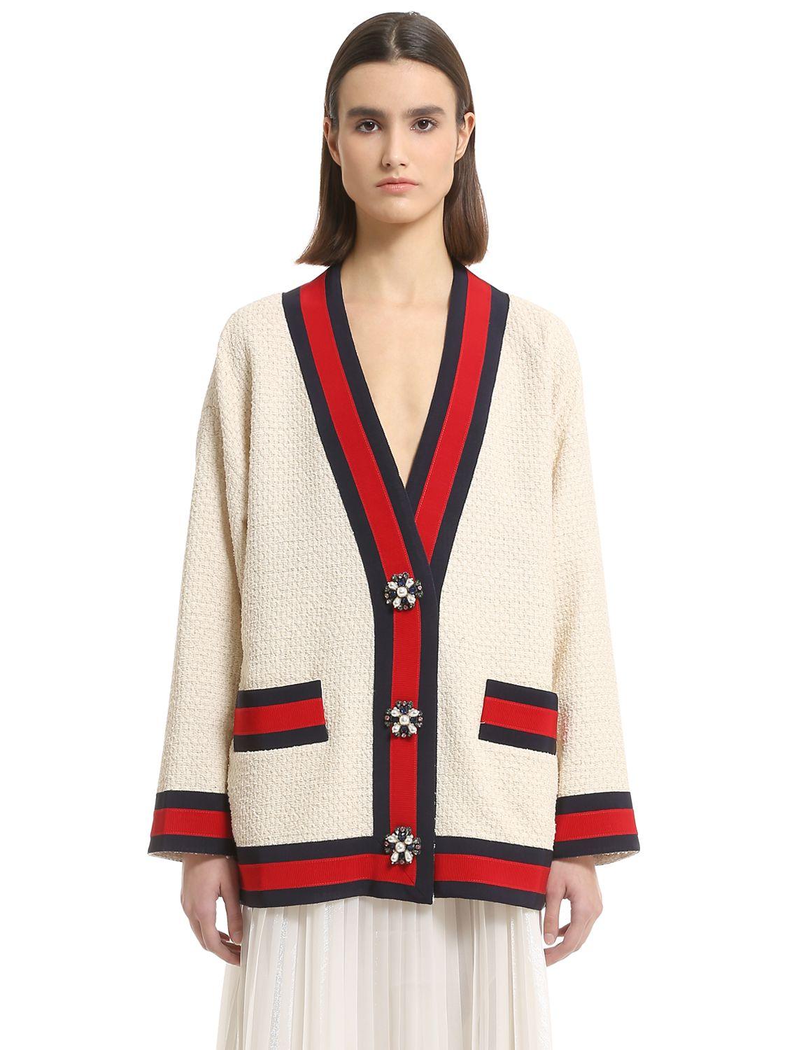 Gucci Tweed Cardigan Jacket W/ Jewel Buttons in White | Lyst