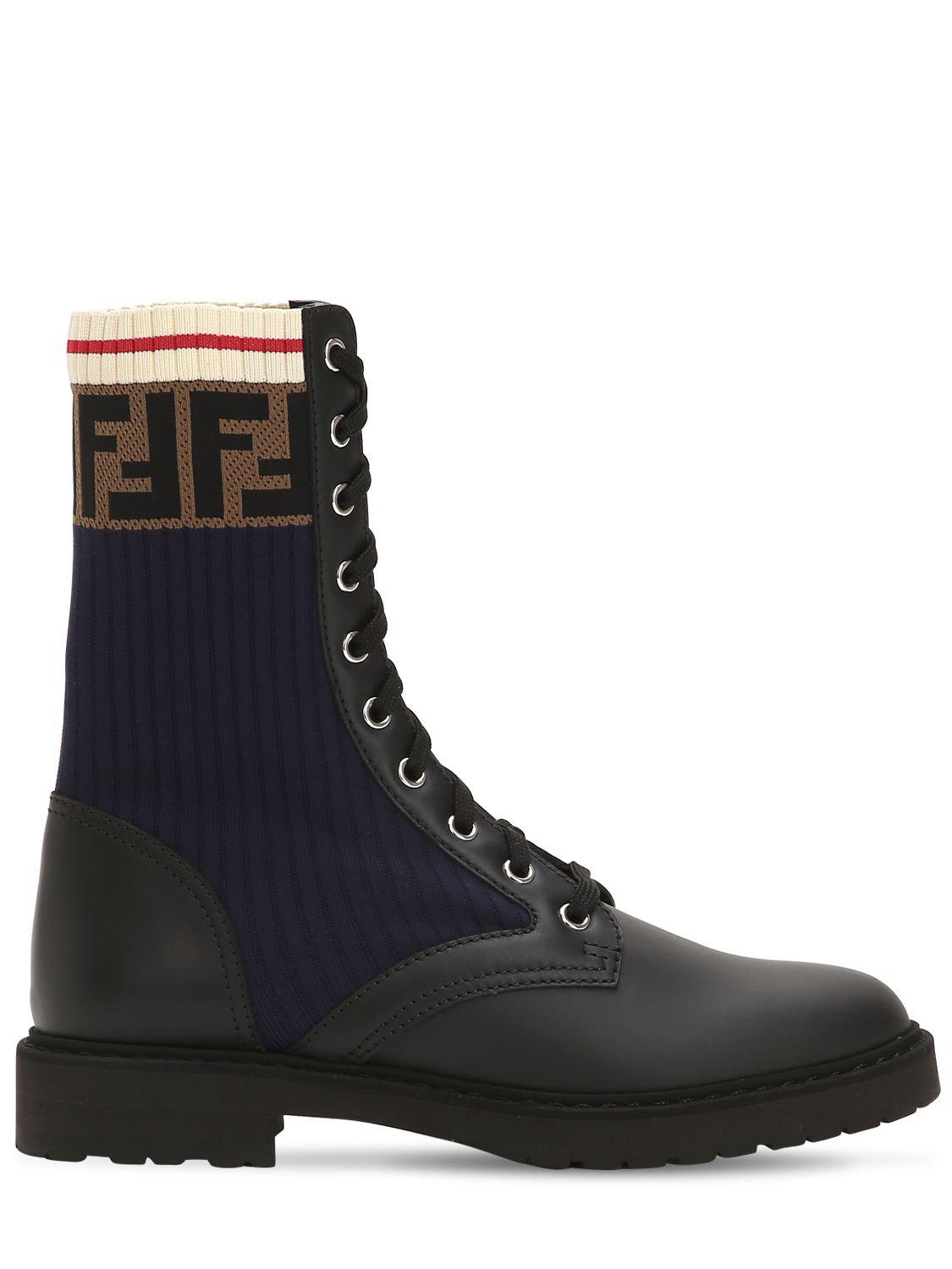 Fendi 20mm Leather & Knit Combat Boots in Blue - Lyst