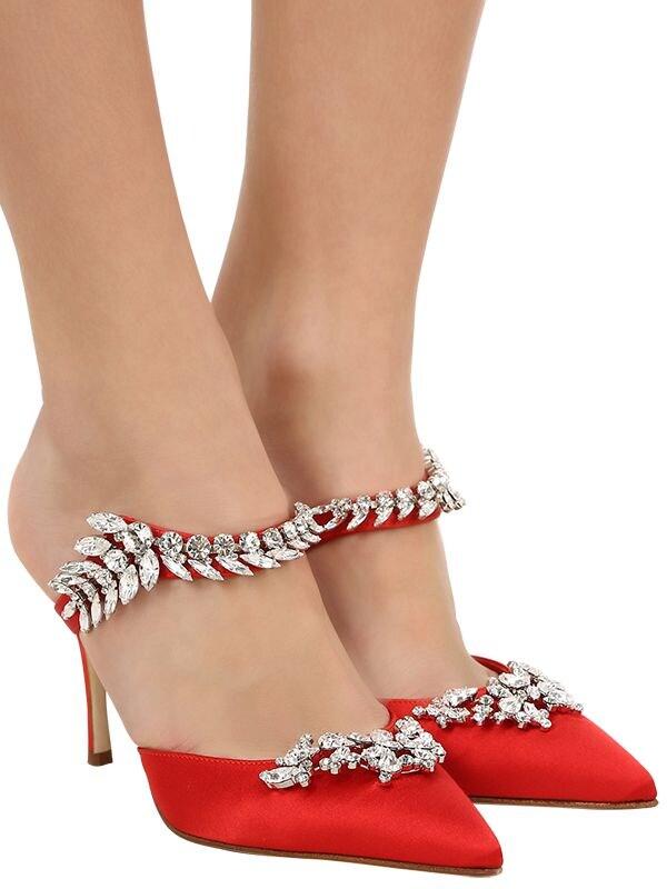 Manolo Blahnik 90mm Lurum Swarovski Satin Mules in Red - Lyst