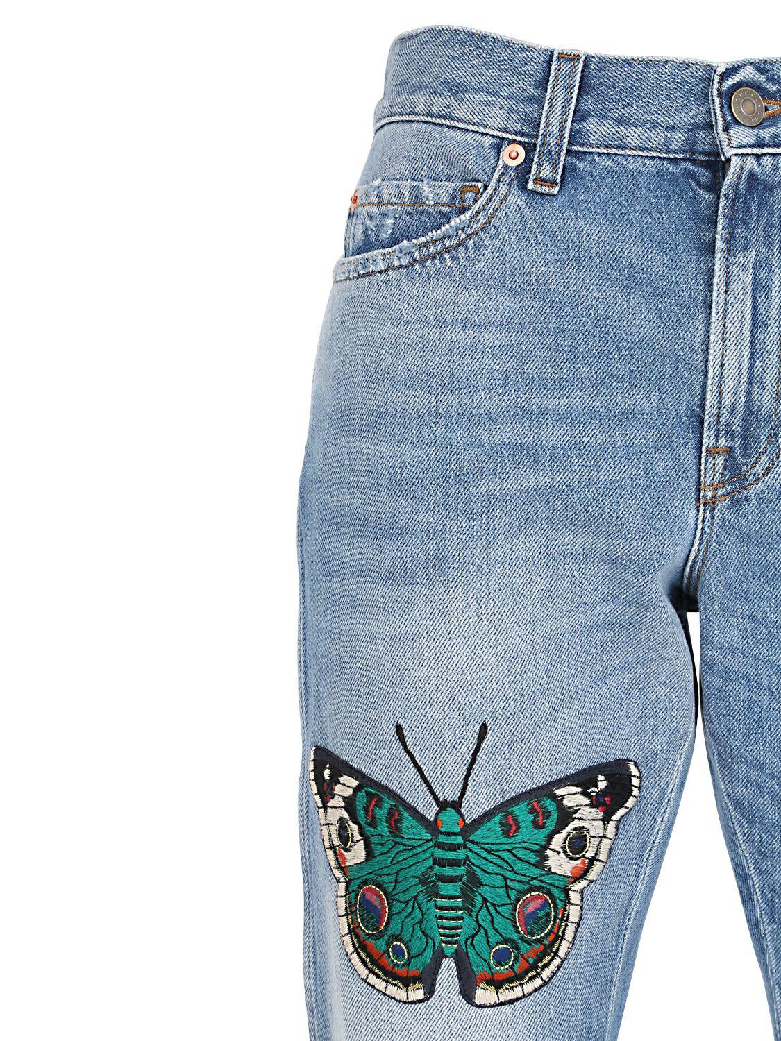 Lyst Gucci Boyfriend Butterfly Patch Denim Jeans in Blue