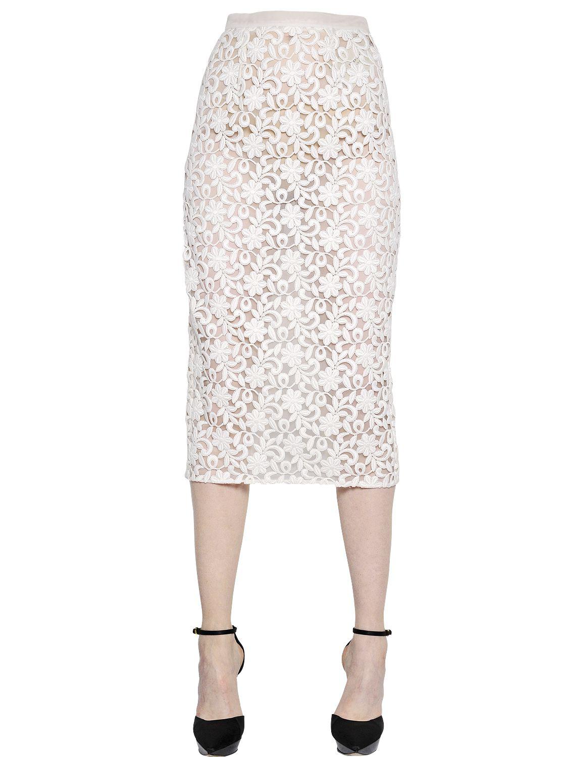 Burberry Cotton Lace & Organza Pencil Skirt in White - Lyst