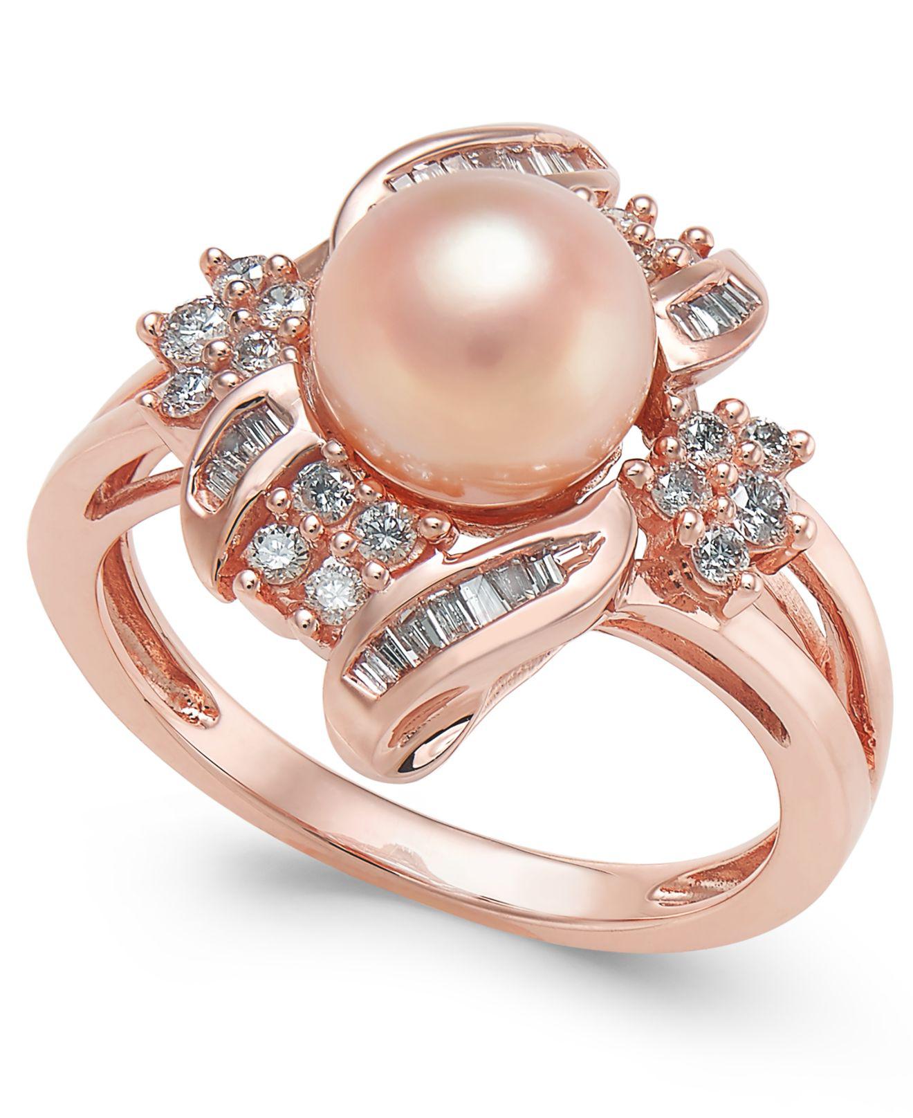 Lyst Macy S Pink Cultured Freshwater Pearl 8mm And Diamond 3 8 Ct T W Ring In 14k Rose