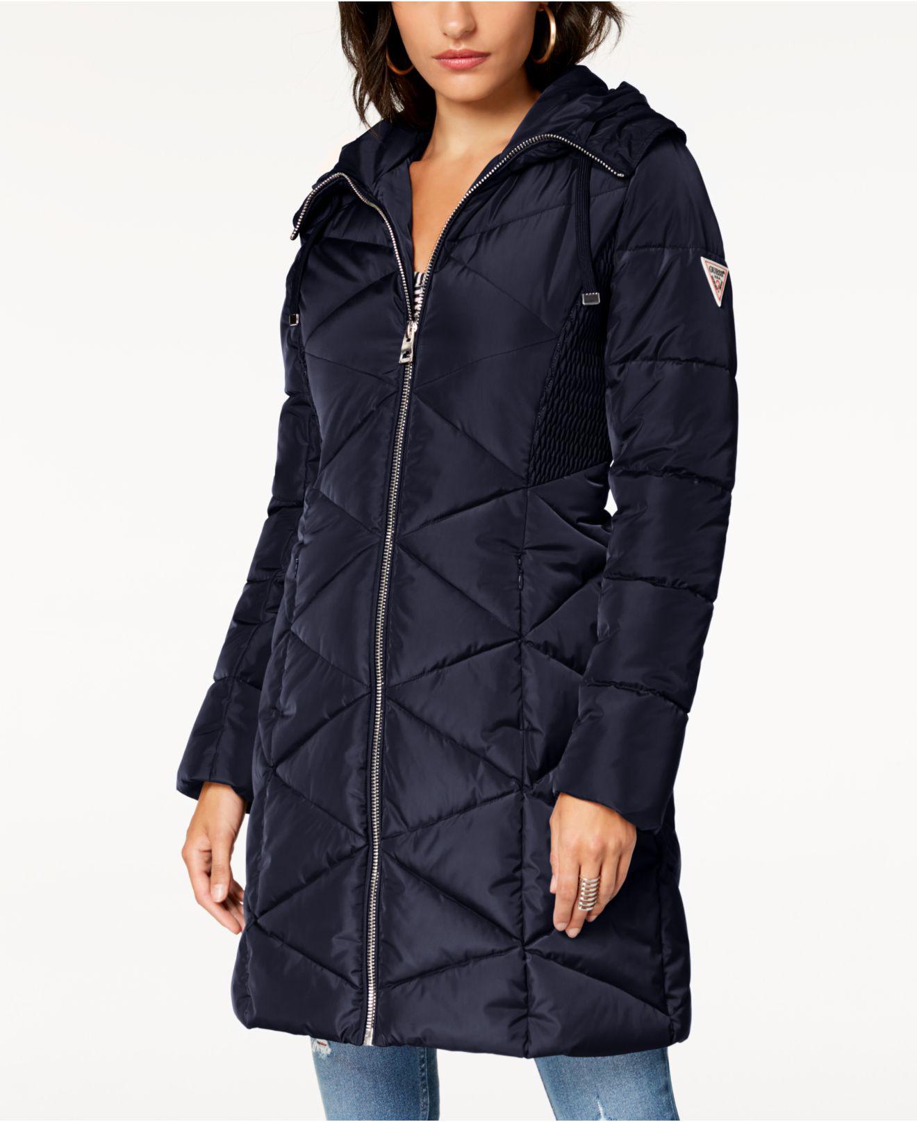 Lyst Guess Faux Fur Trim Diamond Quilted Puffer Coat In Blue Gallery