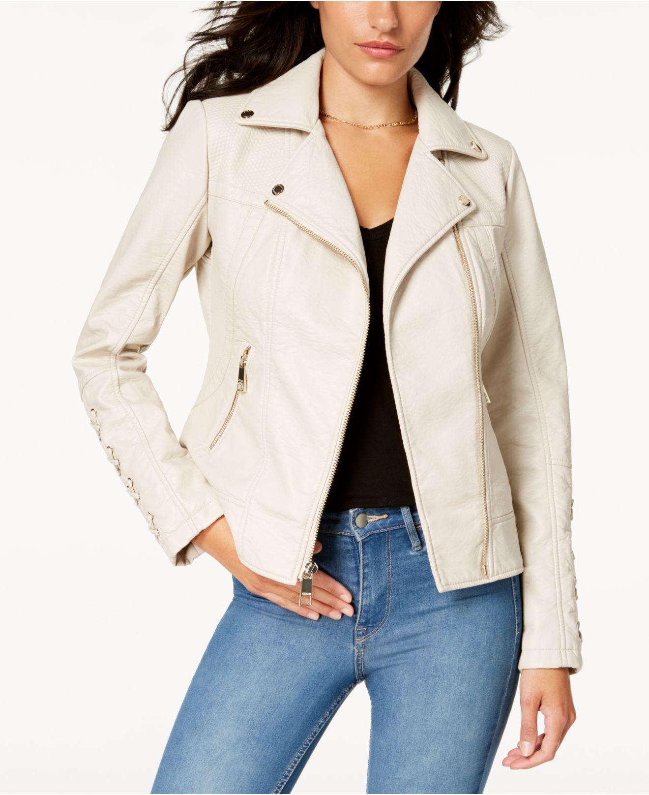 Lyst Guess Faux Fur Collar Leather Moto Jacket In Natural Guess Natural Faux Fur Collar Leather Moto Jacket Lyst View Fullscreen