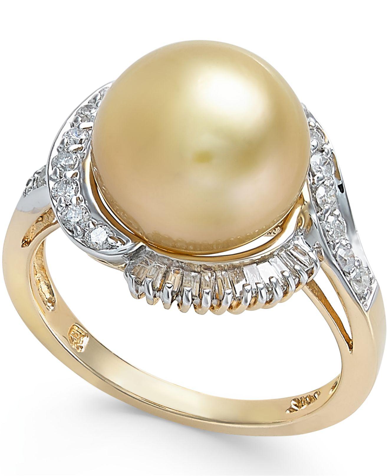 Lyst Macy'S Cultured Golden South Sea Pearl (11mm) And Diamond Ring