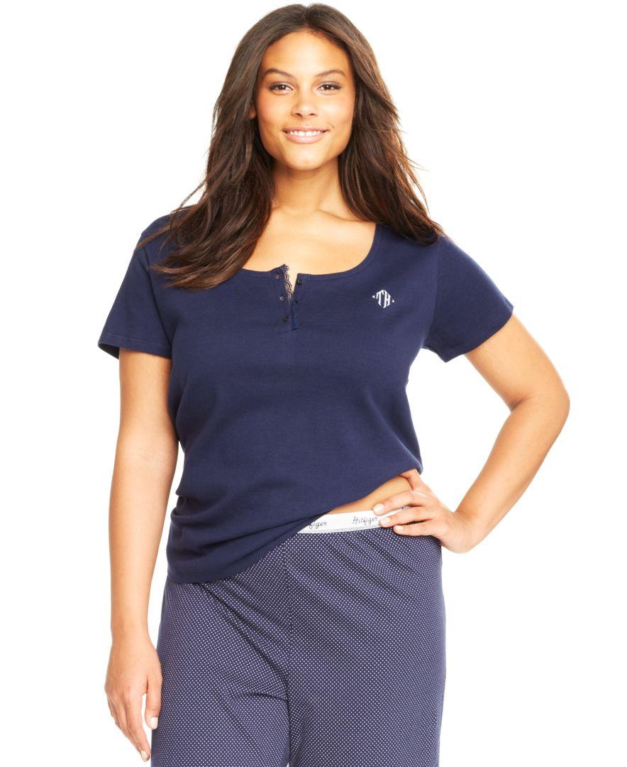 Tommy Hilfiger Plus Size Henley Short Sleeve Top In Blue Lyst