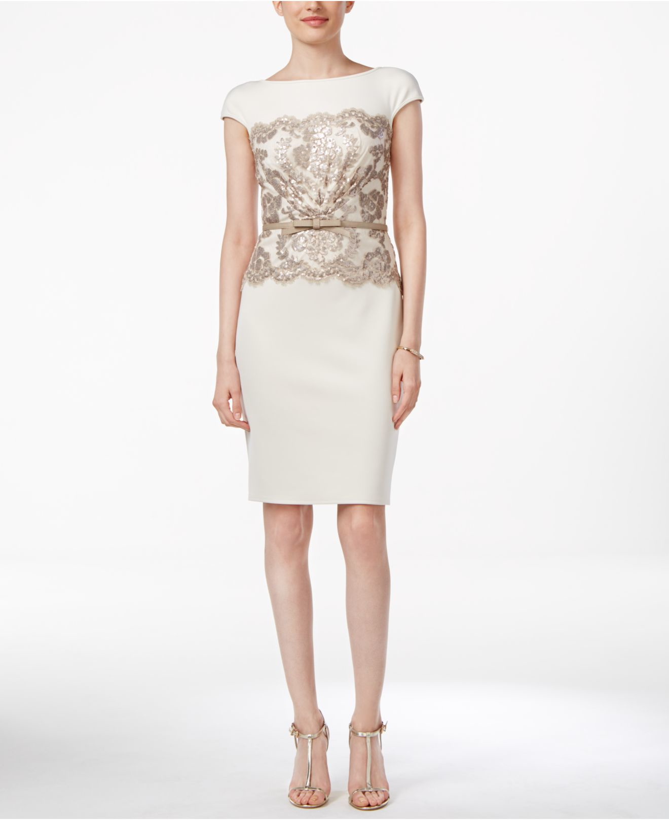 lyst tadashi shoji belted lace sheath dress in white lyst tadashi shoji belted lace sheath dress in white