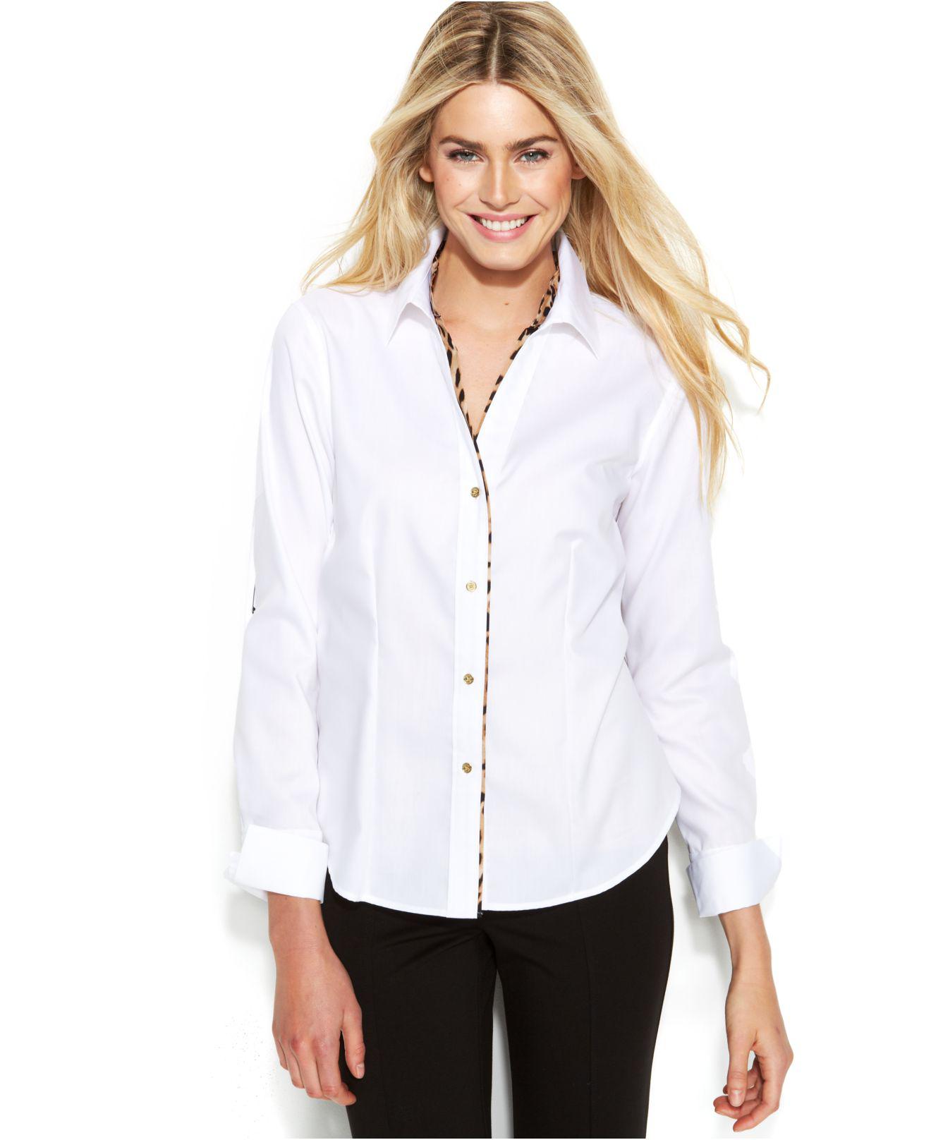 Lyst - Calvin Klein Long-sleeve Leopard-trim Blouse in White - Save 99%