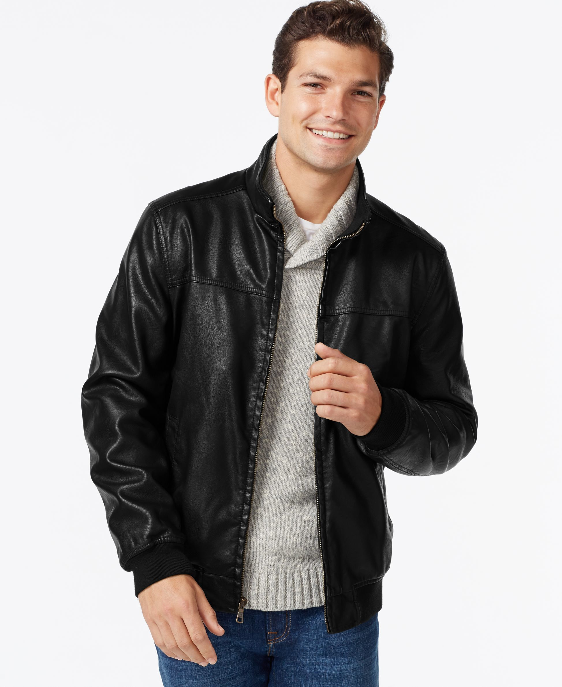 Tommy hilfiger Faux-leather Bomber Jacket in Black for Men | Lyst