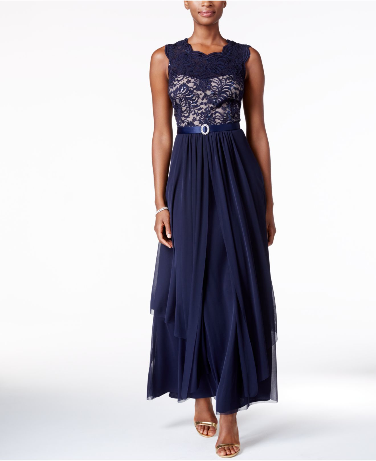 R & m richards Sequined Lace And Chiffon Gown in Blue | Lyst