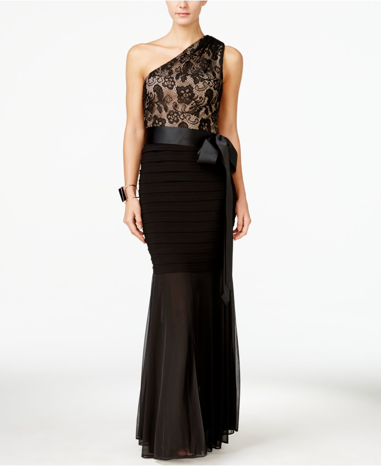 Betsy & adam Lace One-shoulder Mermaid Gown in Black | Lyst