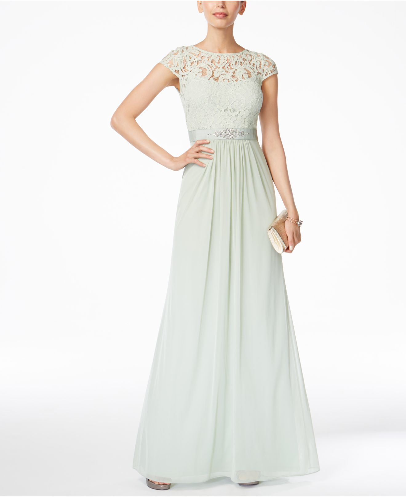 Adrianna papell Cap-sleeve Lace Gown in Green | Lyst