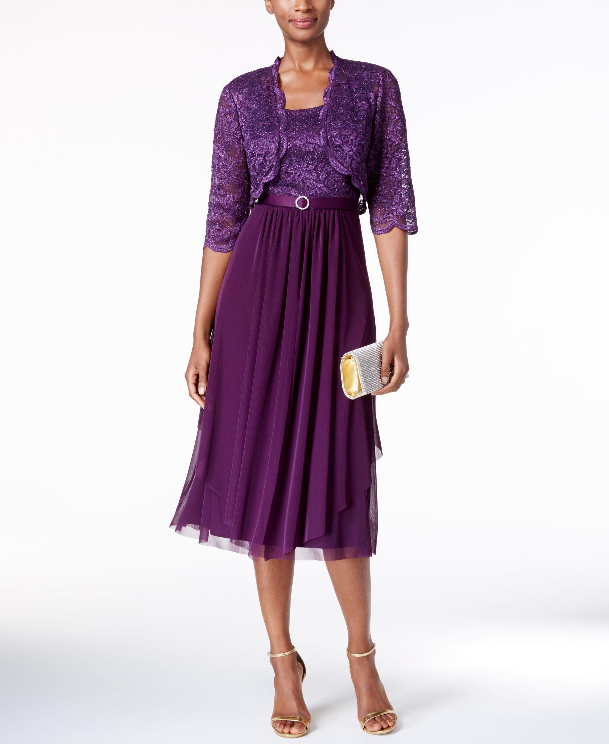 R & m richards Petite Belted Glitter Lace Dress And Jacket in Purple | Lyst