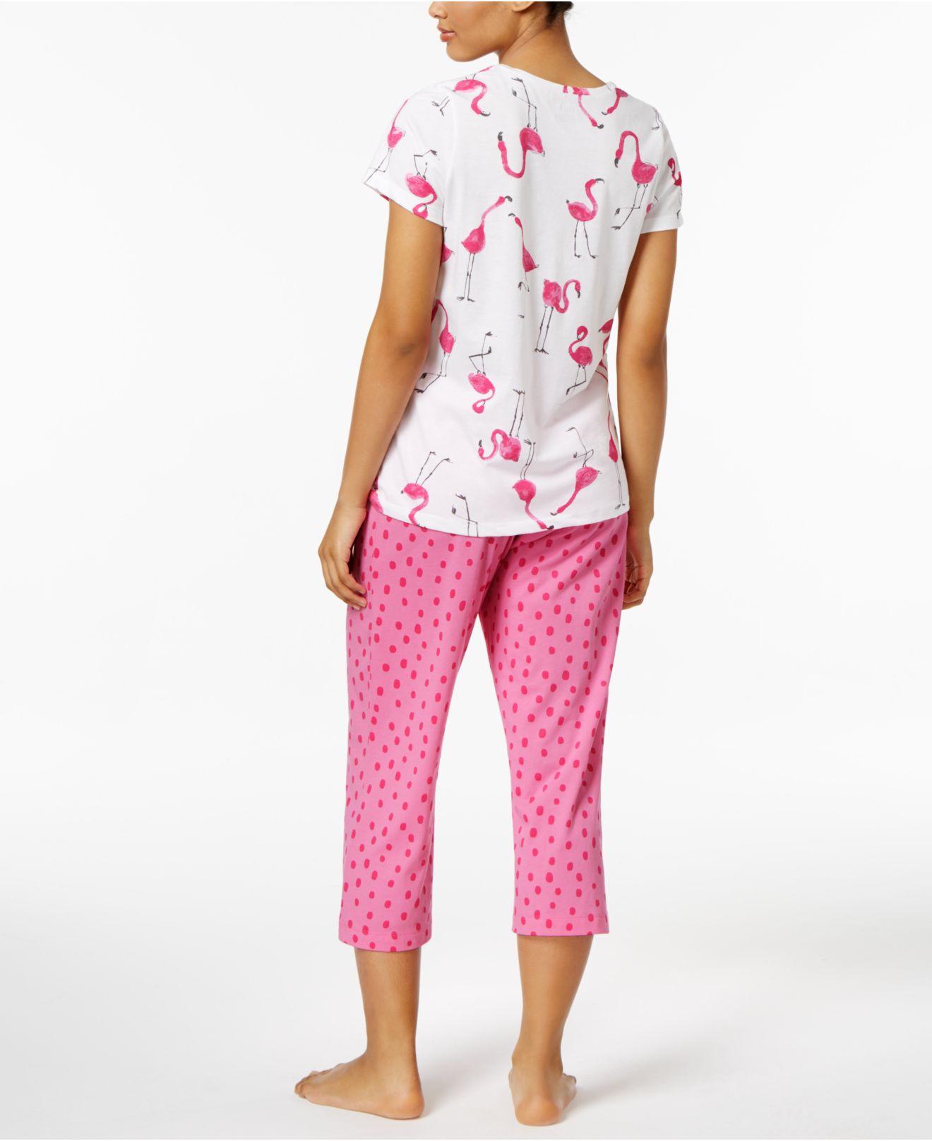 Lyst - Hue V-neck Flamingo Top And Cropped Pants Knit Pajama Set in White