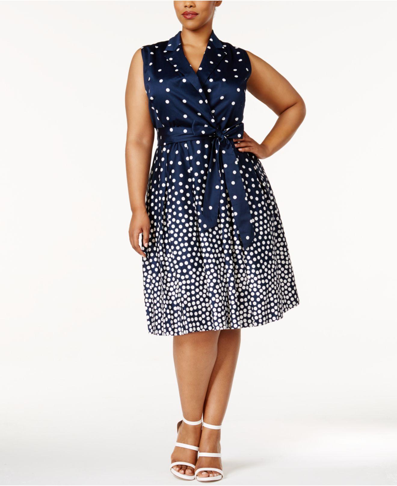 Anne klein Sleeveless Polka Dot Printed Wrap Dress in Blue | Lyst