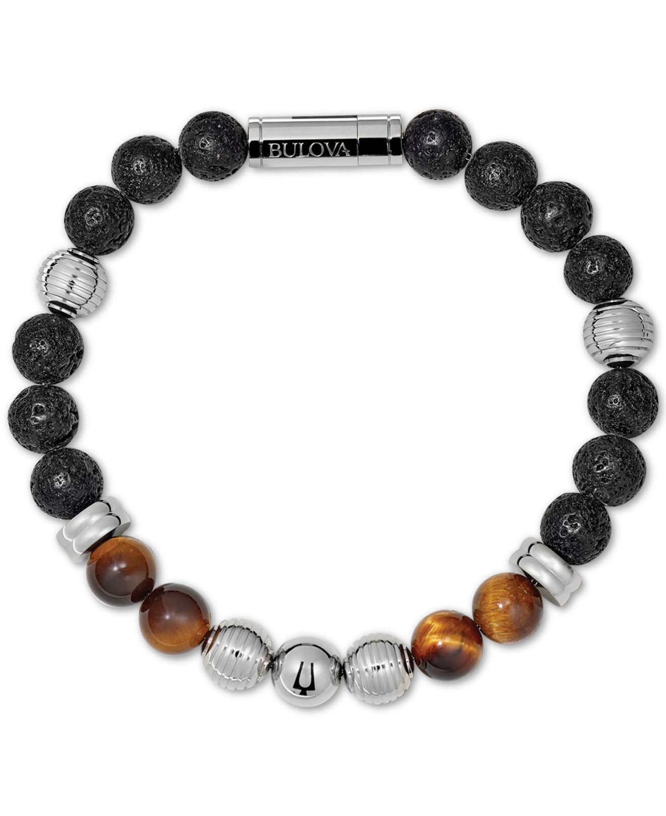 Bulova Tiger's Eye (8mm) & Black Lava Bead Bracelet In Stainless Steel