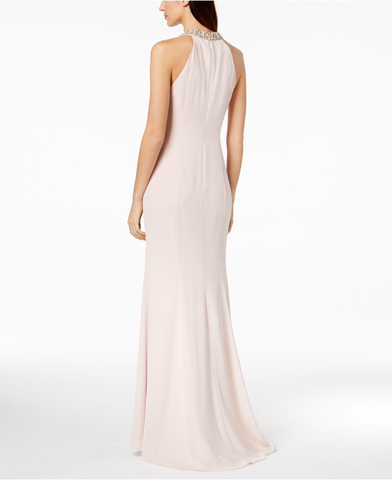 calvin klein draped chiffon halter gown