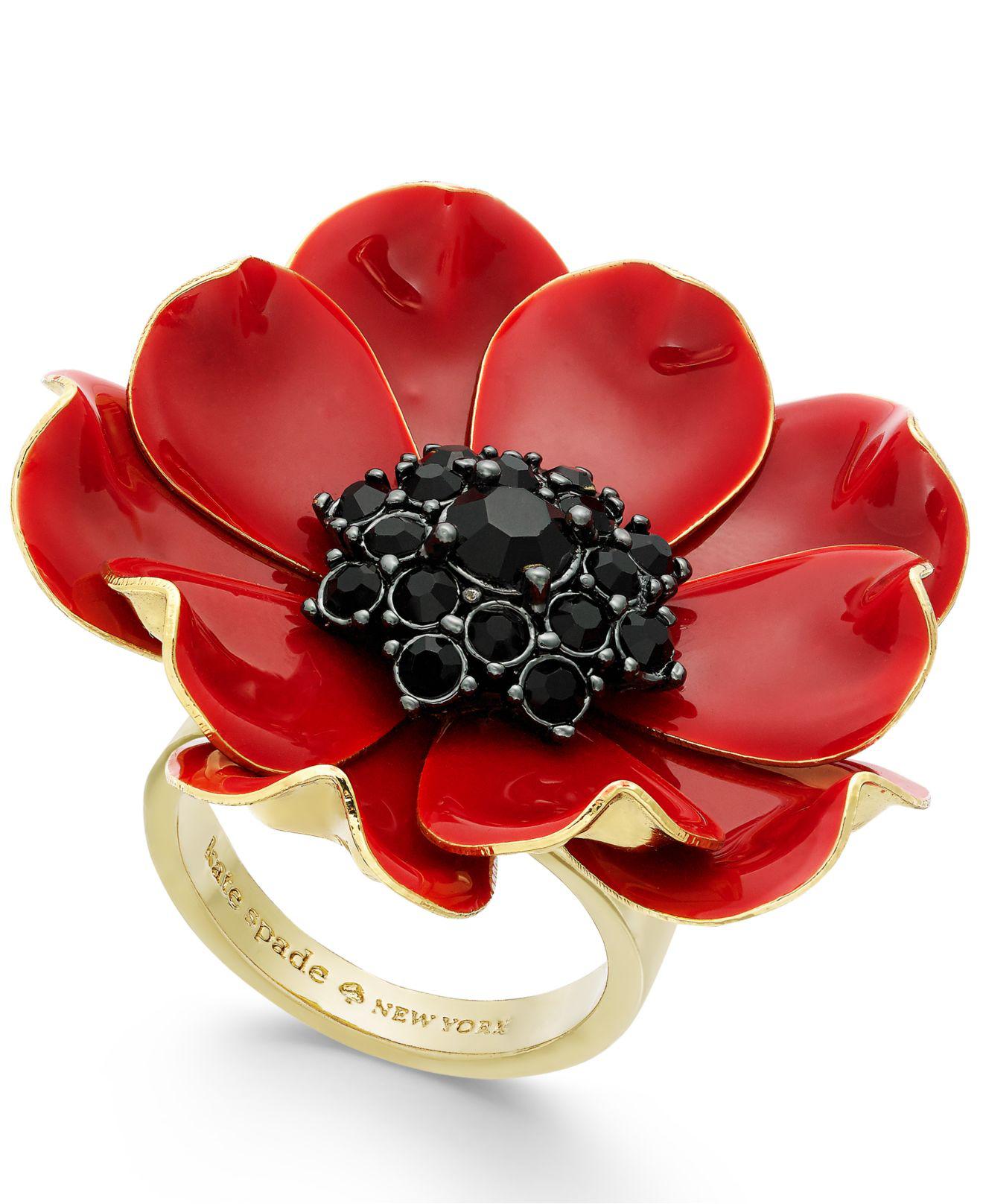 Kate Spade Red Multi 14k Gold Plated Enamel And Stone Poppy Ring 