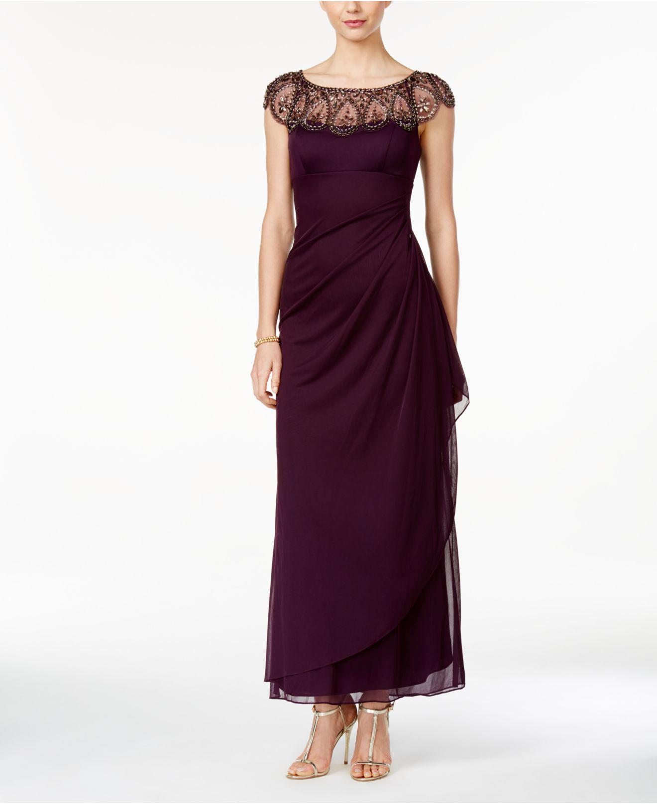 Xscape Synthetic Petite Embellished Illusion Gown in Plum/Antique