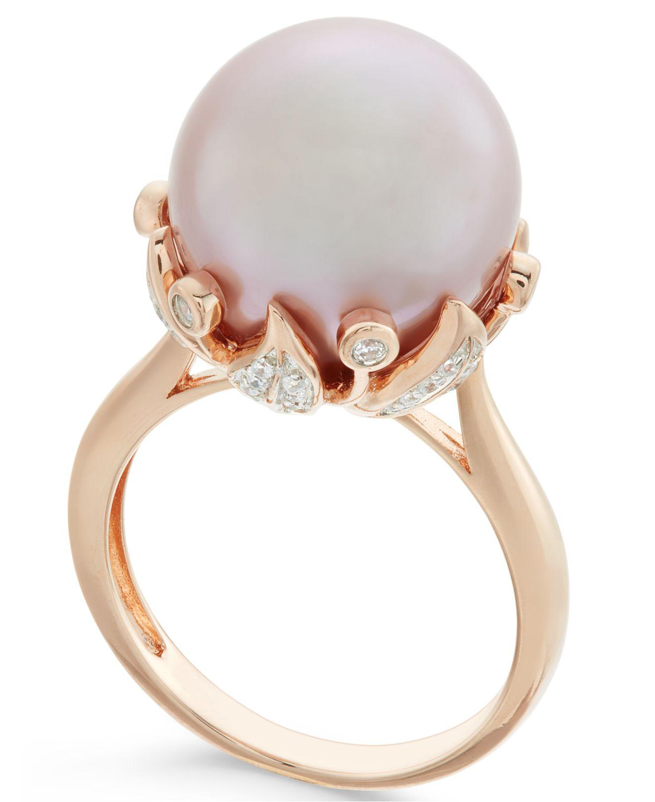 Macy's Pink Windsor Pearl (13mm) And Diamond (1/5 Ct. T.w.) Ring In 14k ...