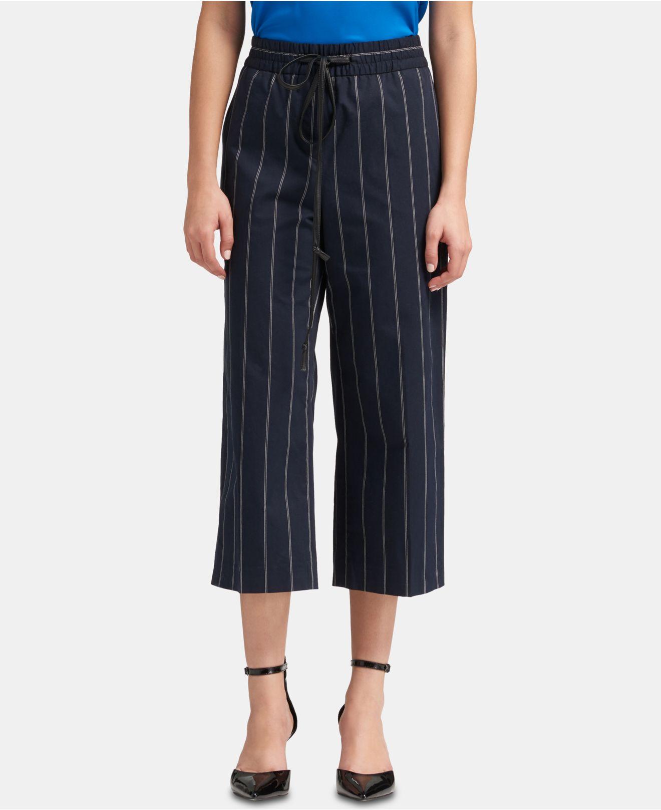 Lyst - DKNY Striped Wide-leg Cropped Pants With Faux-leather Tie in Black