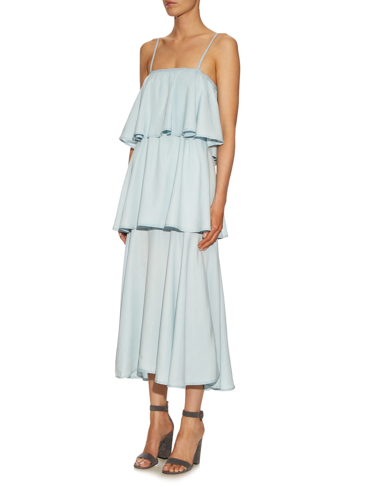 Lyst Raey Tiered Denim Midi Dress in Blue