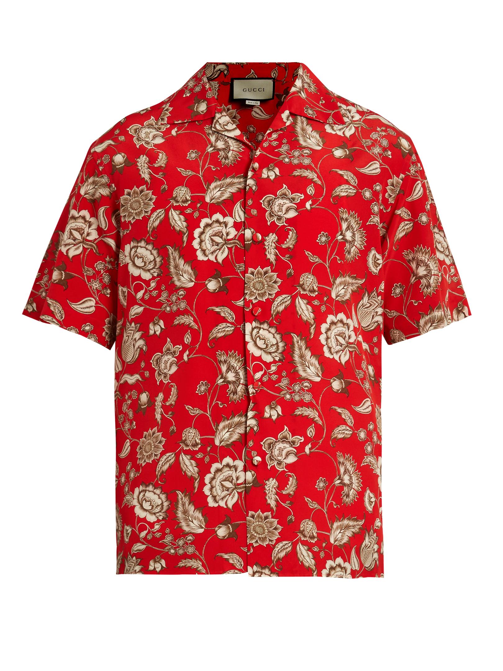 Lyst - Gucci Camp-collar Floral-print Silk Shirt in Red for Men