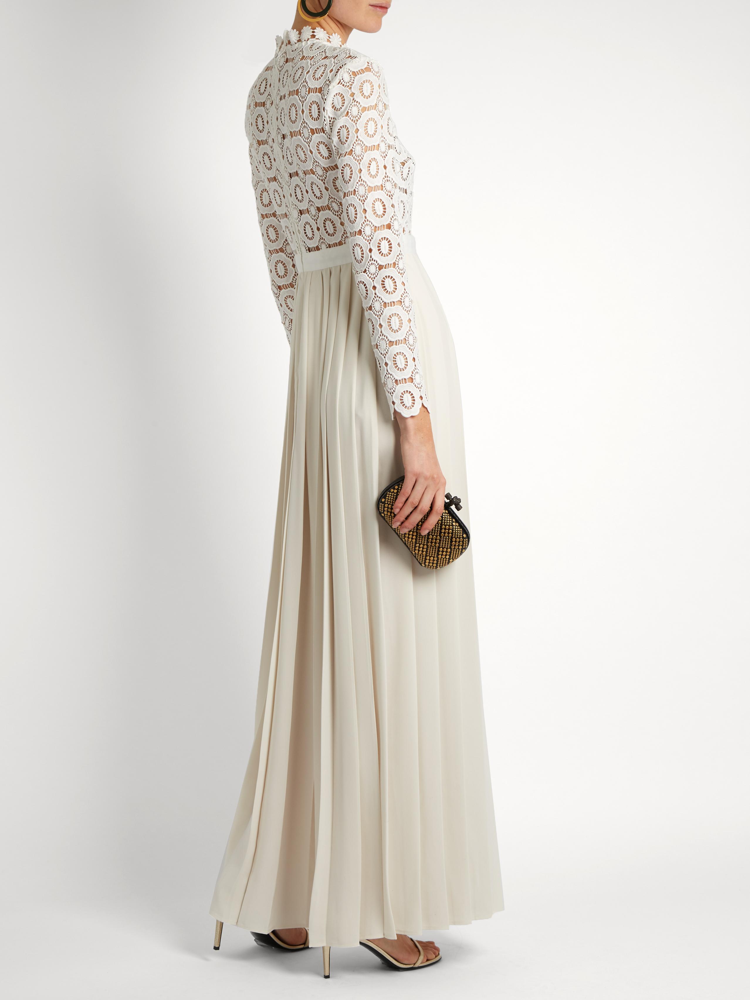 Self-Portrait Long-sleeved Lace And Crepe Maxi Dress in White - Lyst