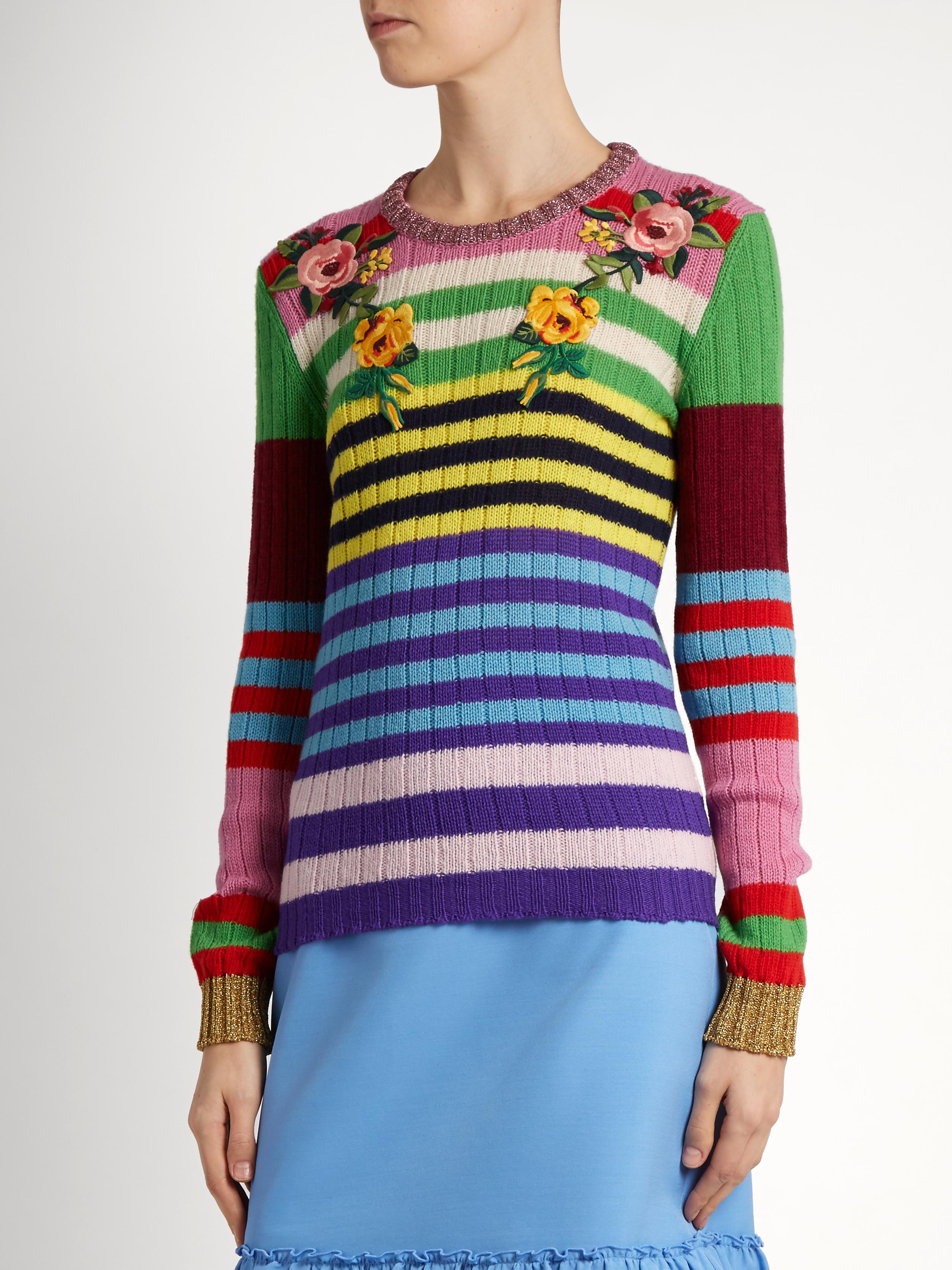 Gucci Floral-appliqué Striped Wool-blend Sweater - Lyst