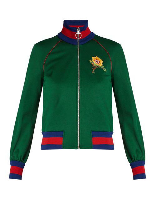 Lyst - Gucci Flower And Tiger-appliqué Jersey Bomber Jacket in Green