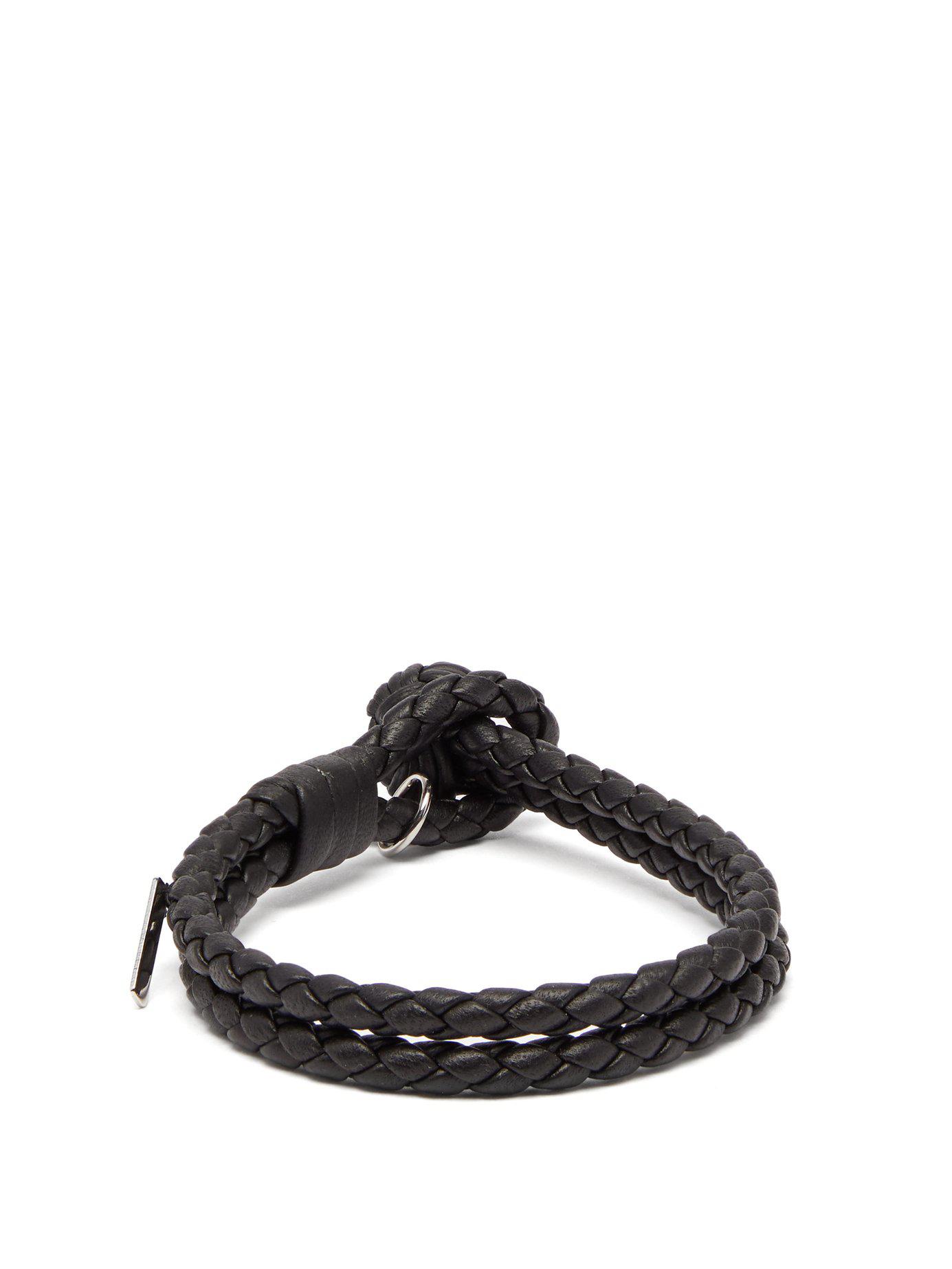 Lyst - Bottega Veneta Double Intrecciato Leather Bracelet in Black for ...