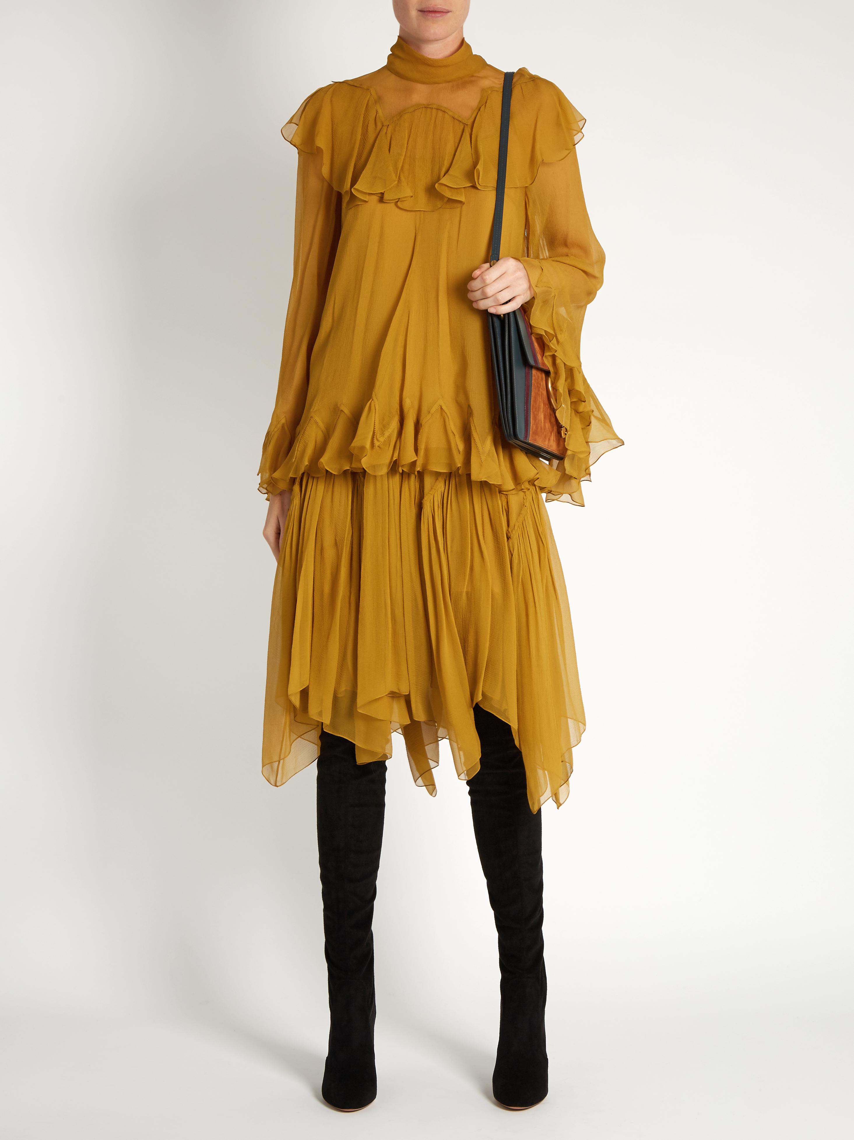 Lyst - Chloé High-neck Silk-crepon Ruffled Blouse in Yellow