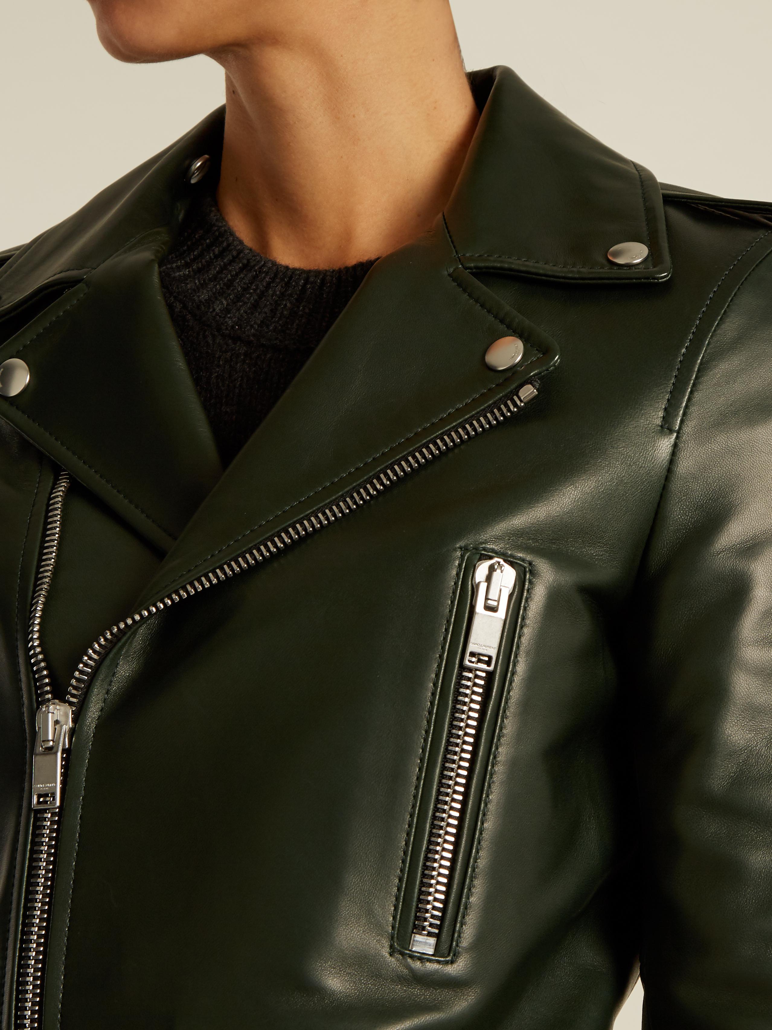 Saint Laurent Shrunkenfit Leather Biker Jacket in Green Lyst