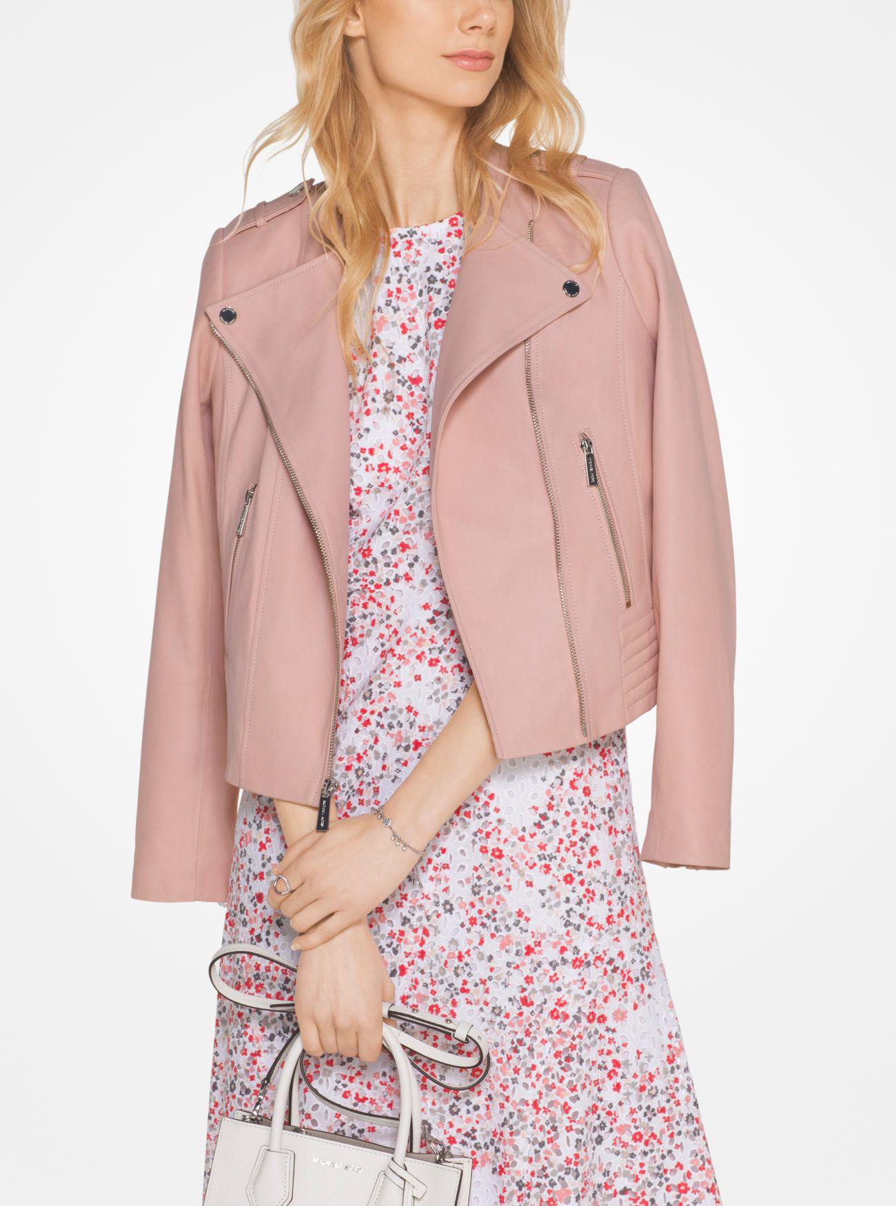 Lyst Michael Kors Leather Moto Jacket In Pink Gallery