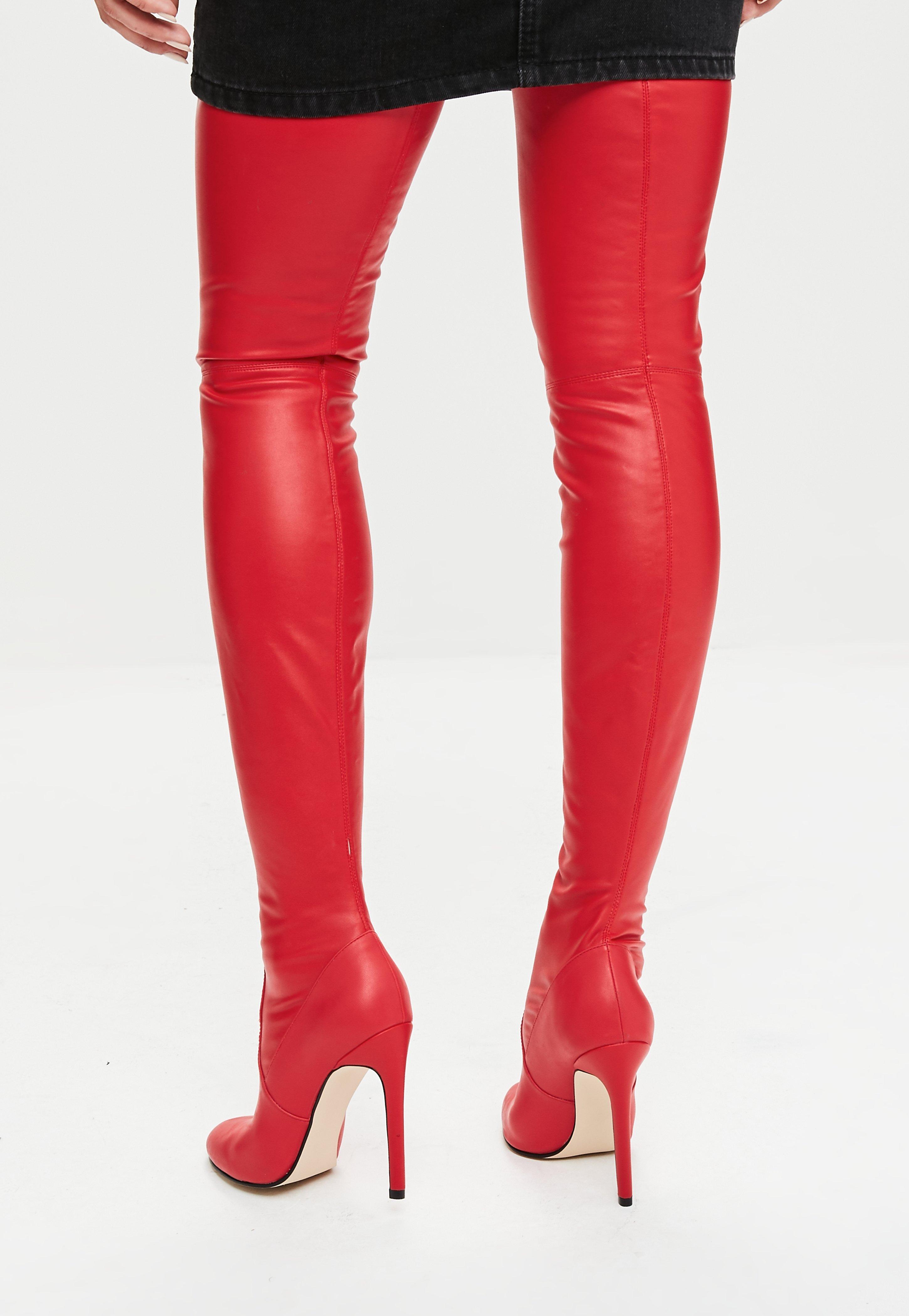 Missguided Designer Red Red Rounded Toe Thigh Faux Leather Boots 