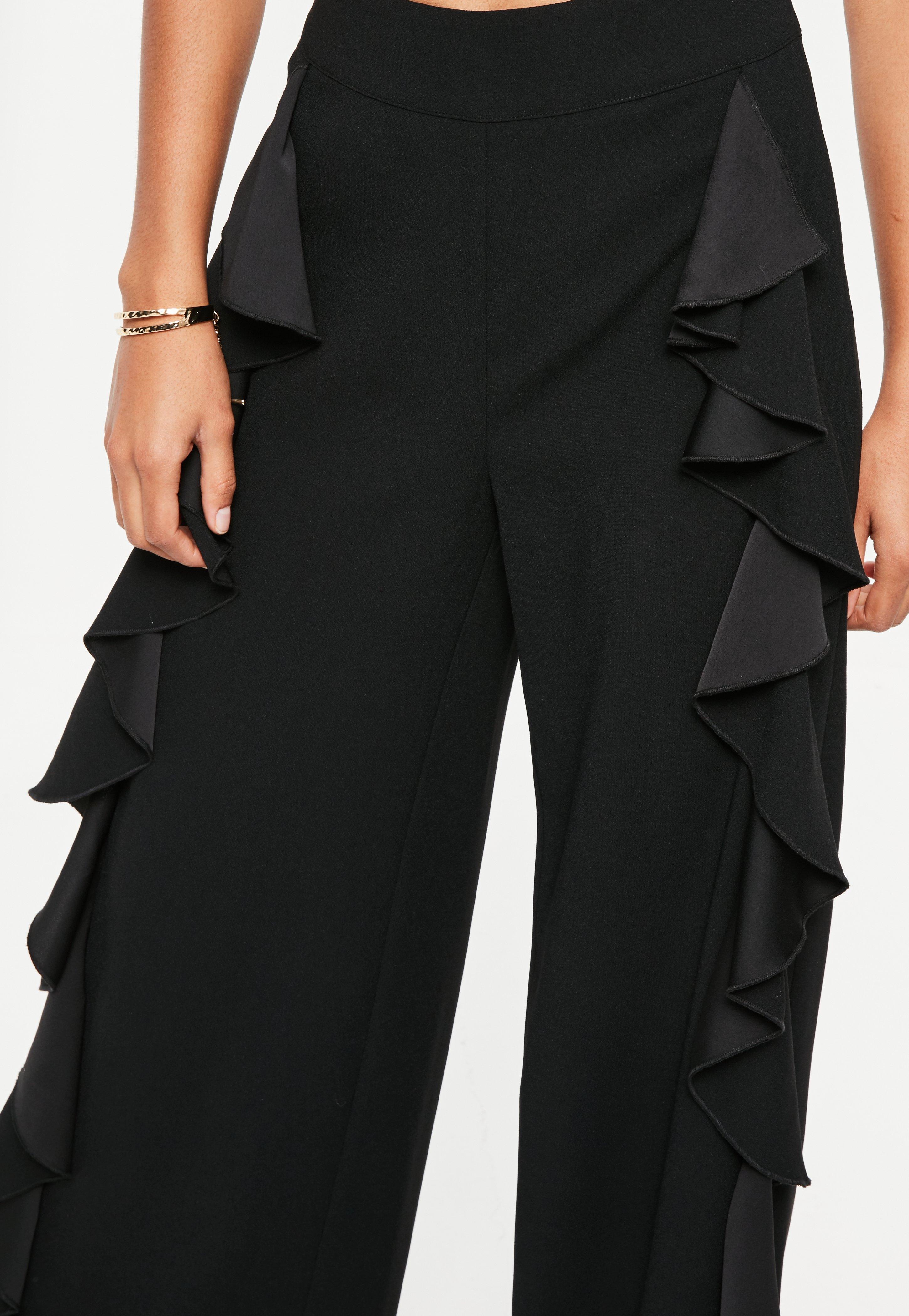 Lyst - Missguided Black Frill Side Wide Leg Trousers in Black