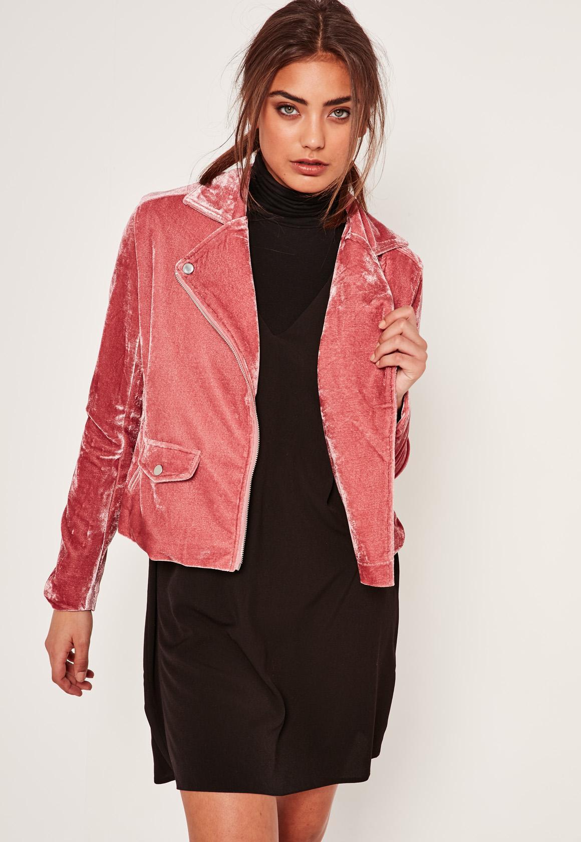 Missguided Pink Velvet Biker Jacket in Pink | Lyst