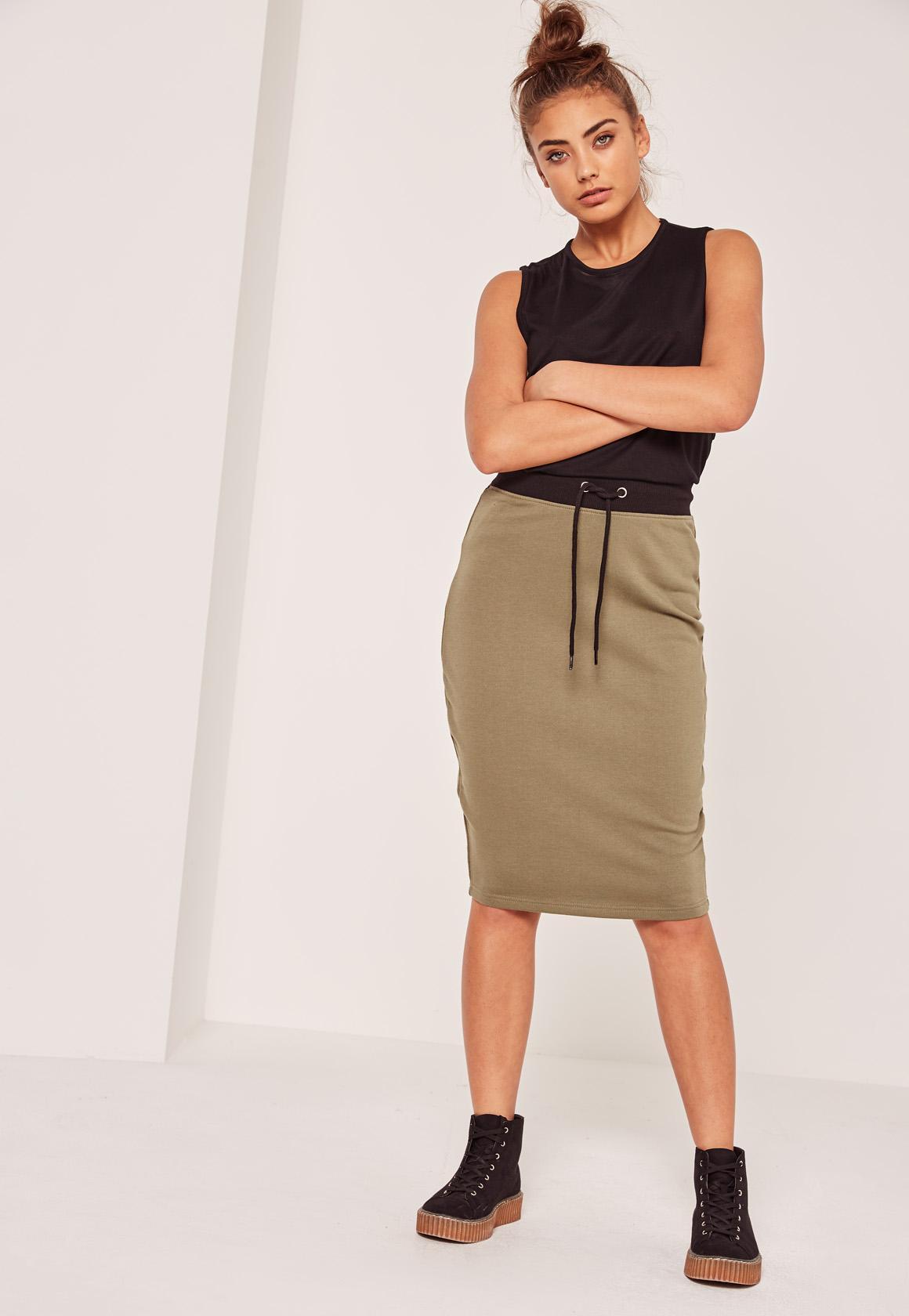 Missguided Contrast Waistband Loopback Midi Skirt Khaki Lyst