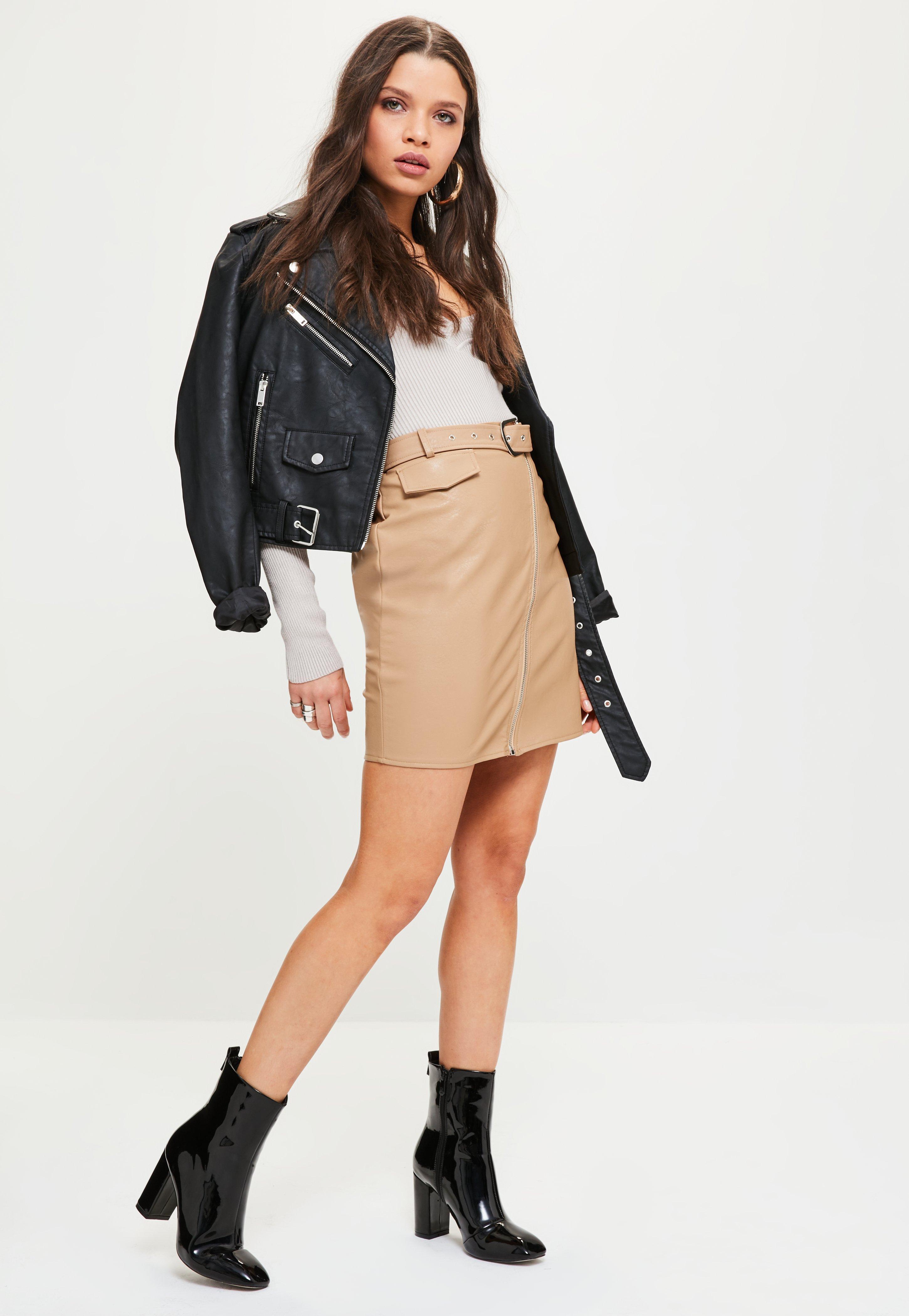 Lyst - Missguided Nude Faux Leather Biker Detail Mini Skirt in Natural