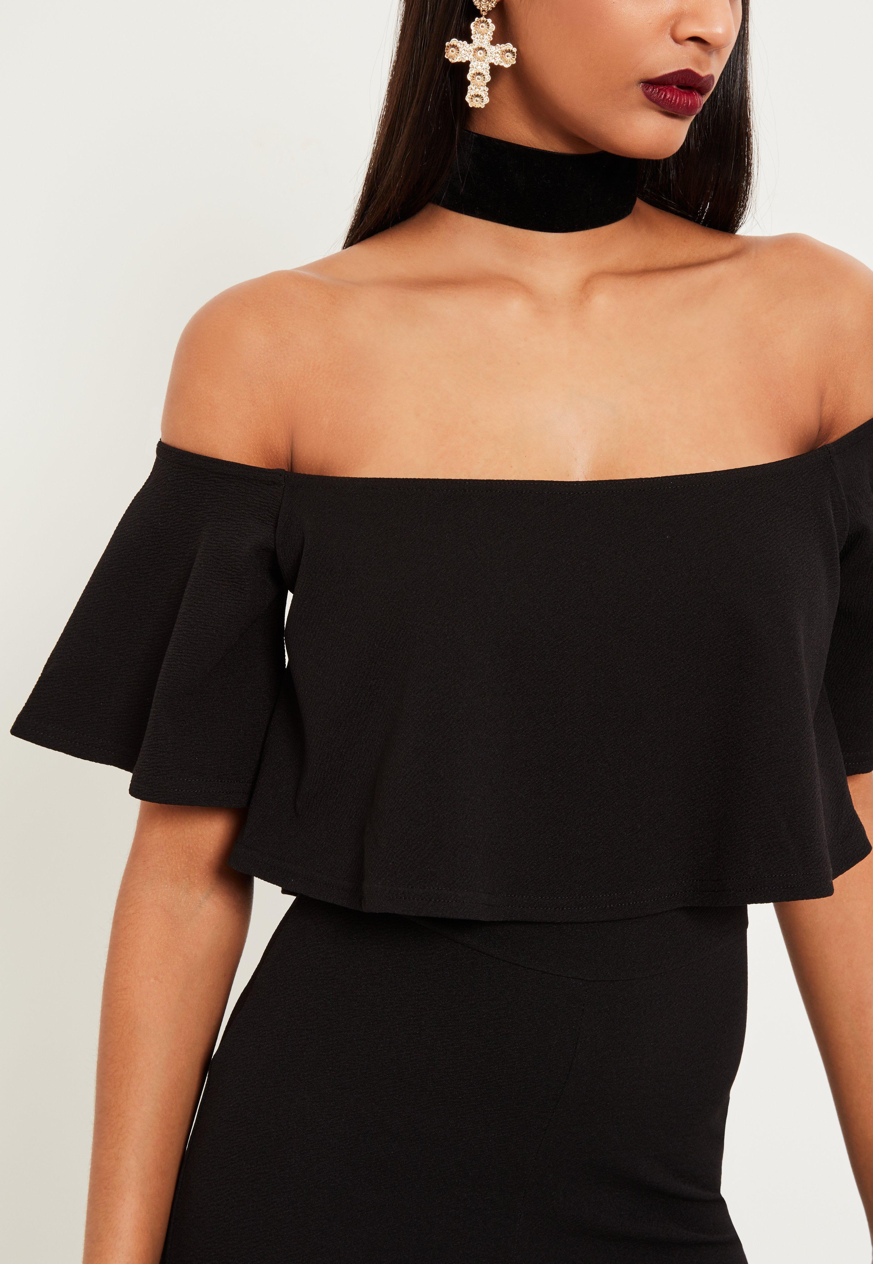 Lyst Missguided Black Double Layer Bardot Cropped Jumpsuit in Black