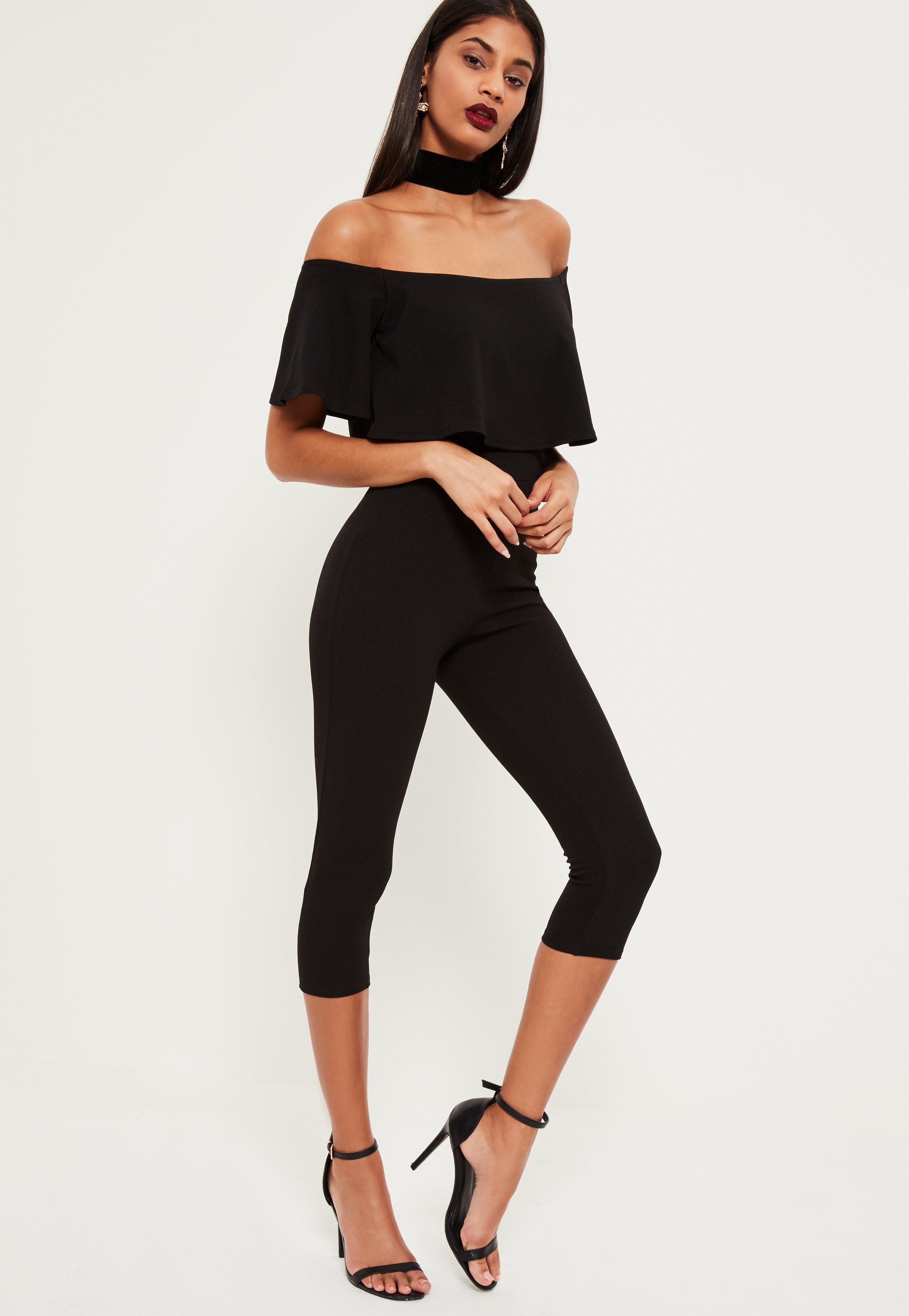 Lyst - Missguided Black Double Layer Bardot Cropped Jumpsuit in Black