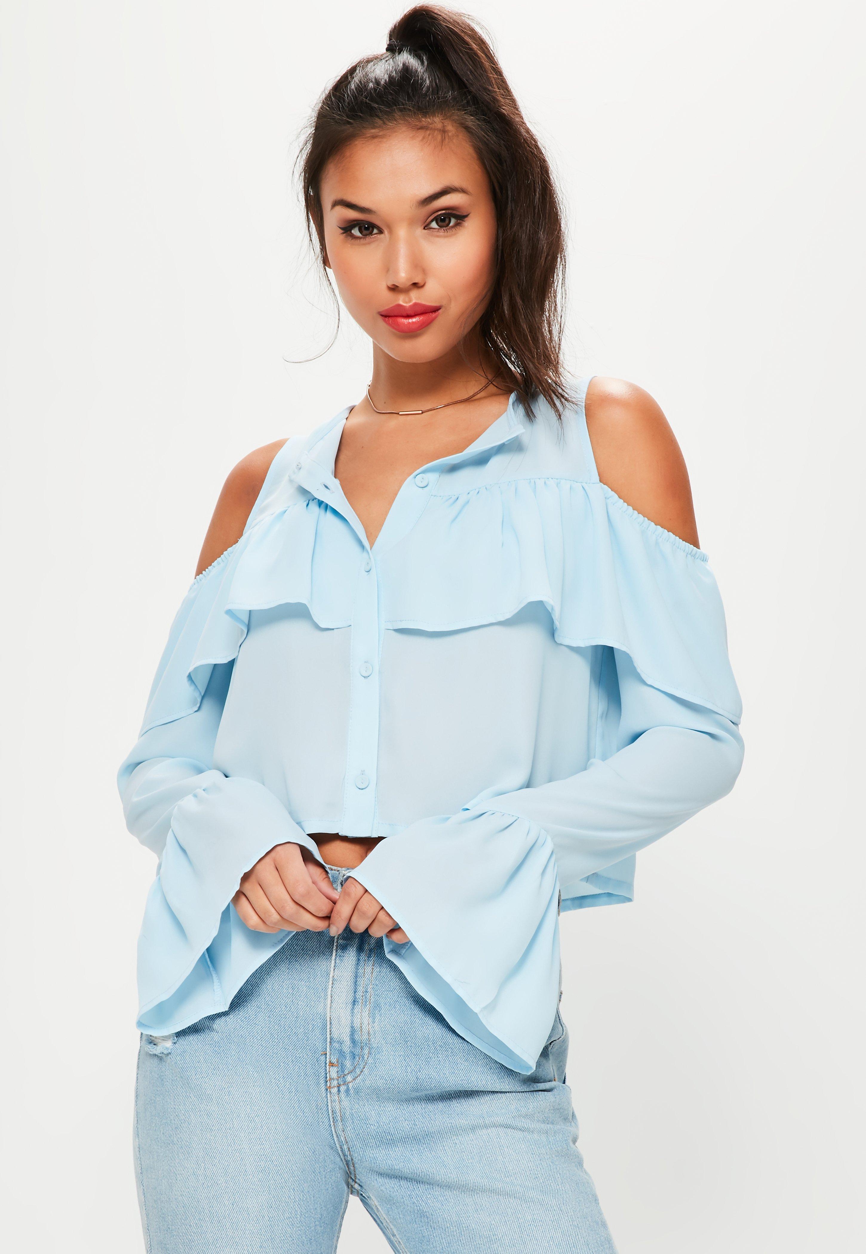 Missguided Blue Flared Cuff Cold Shoulder Cropped Blouse in Blue | Lyst