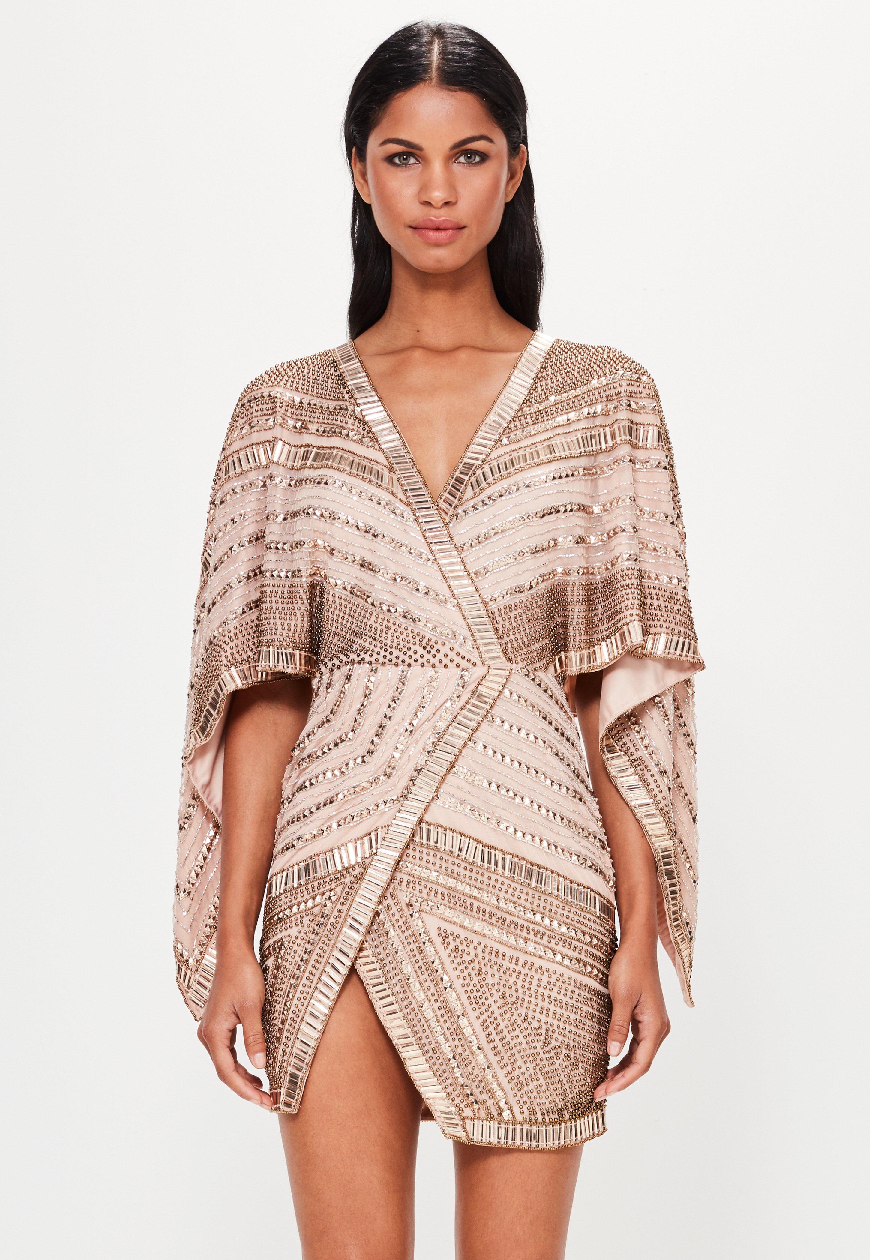 Missguided Peace + Love Bronze Embellished Kimono Sleeve Wrap Dress Lyst
