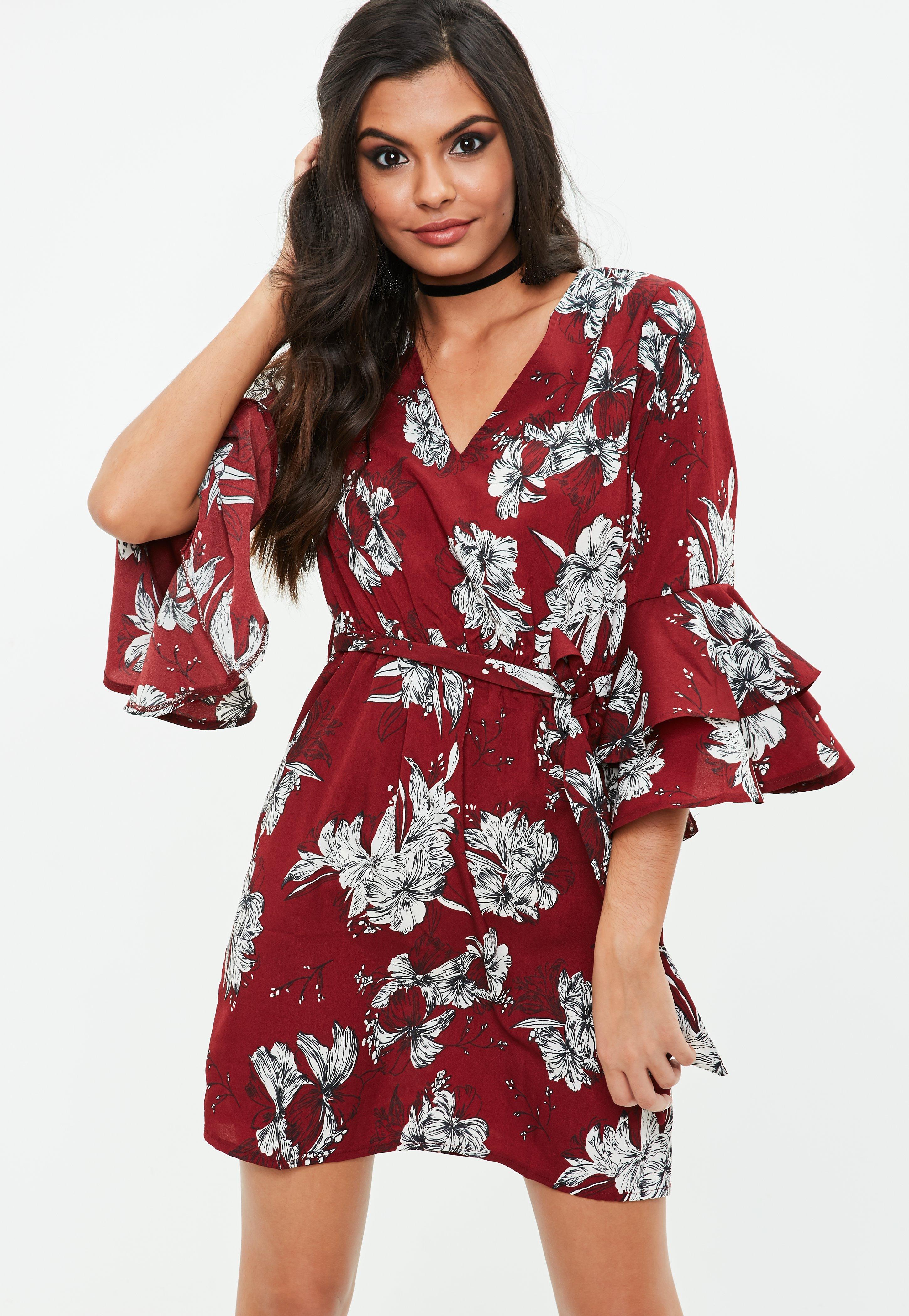 Lyst - Missguided Burgundy Floral Day Dress in Red