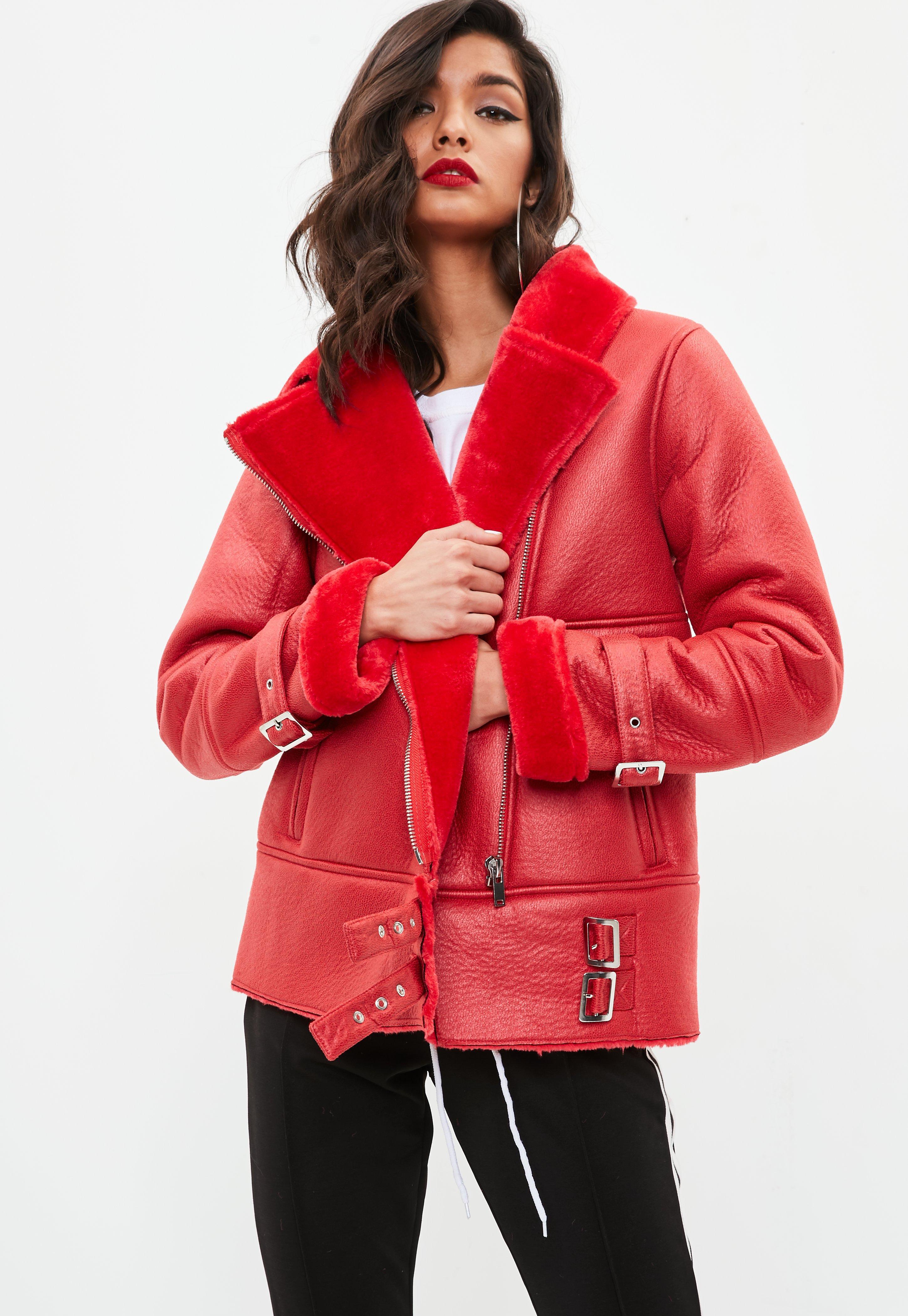 Missguided Red Buckle Detail Faux Fur Aviator Jacket in ...