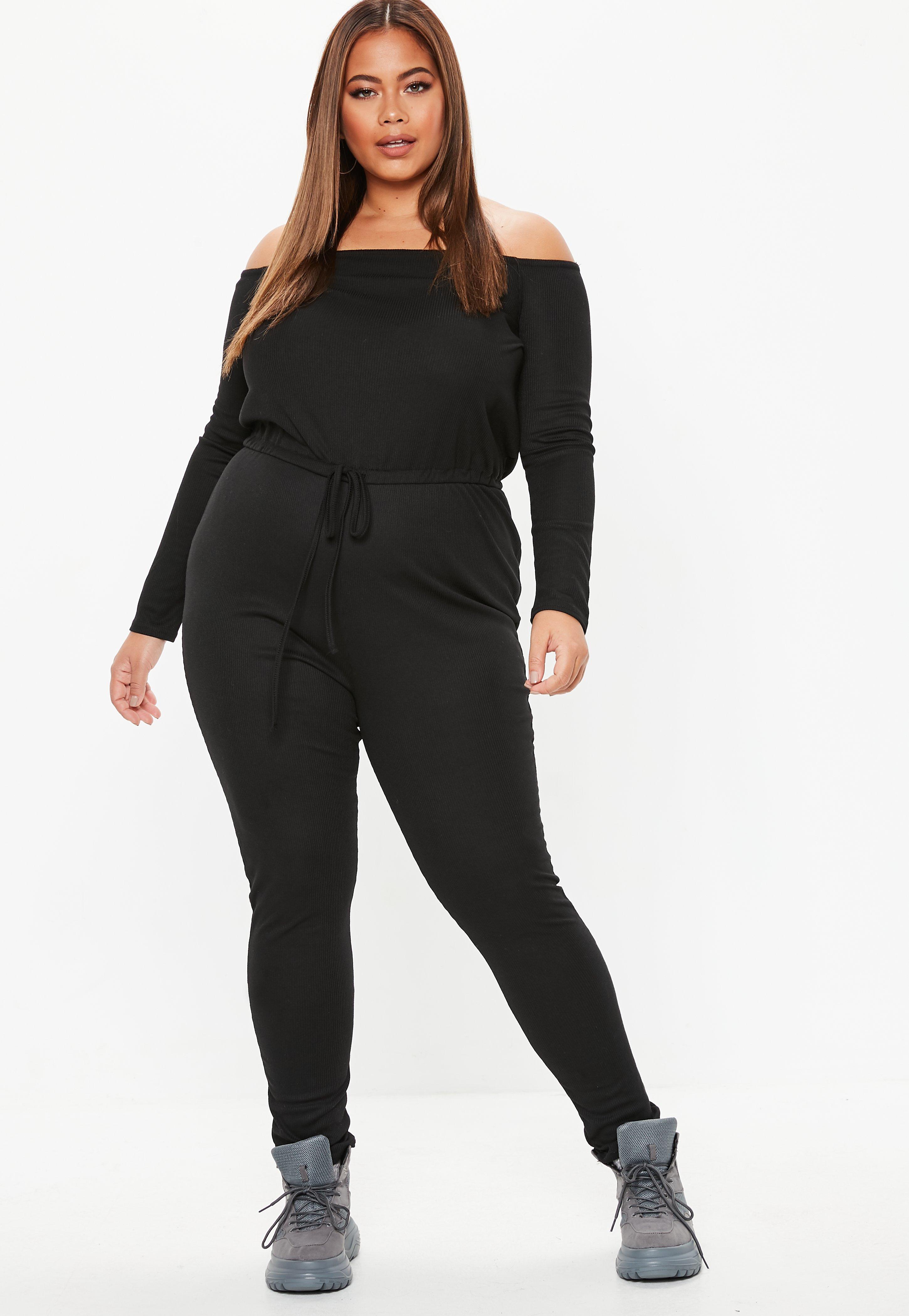 Lyst Missguided Plus Size Black Ribbed Bardot Jumpsuit in Black